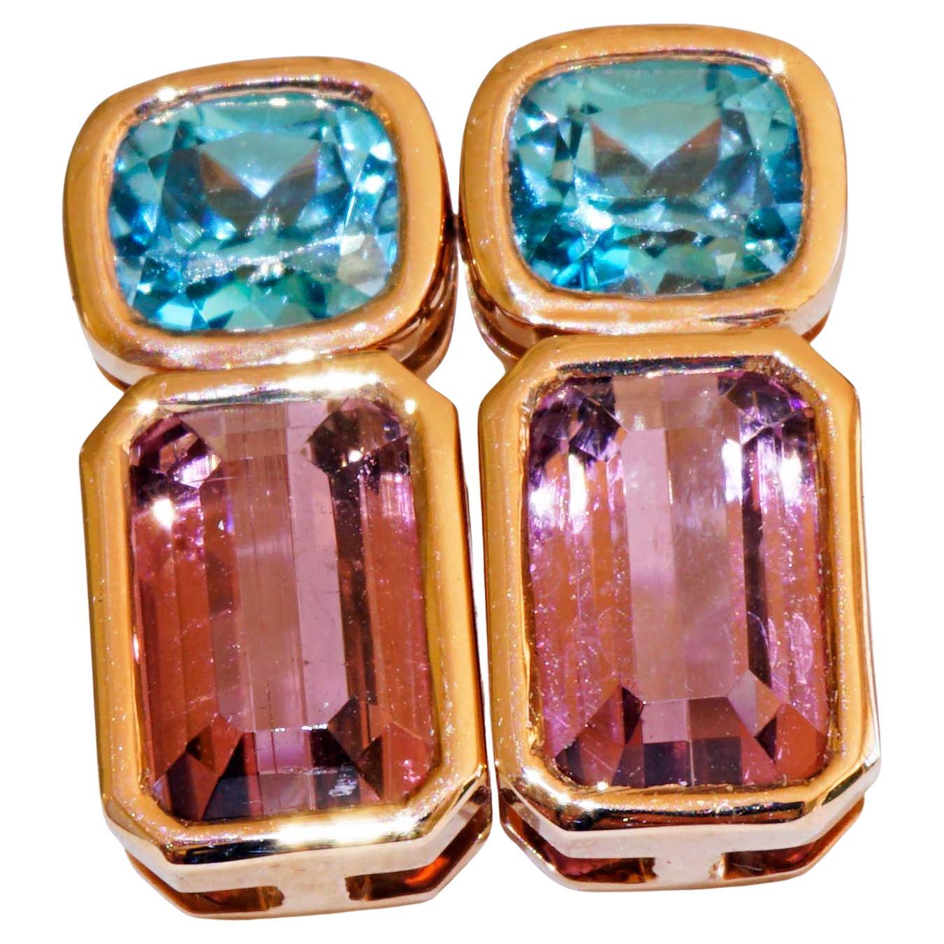 pierres précieuses exquises avec de superbes combinaisons de couleurs, boucles d'oreilles inhabituelles avec des tourmalines roses antiques en taille octogonale serties dans des chatons dans une qualité très claire et intense en couleurs, totalisant