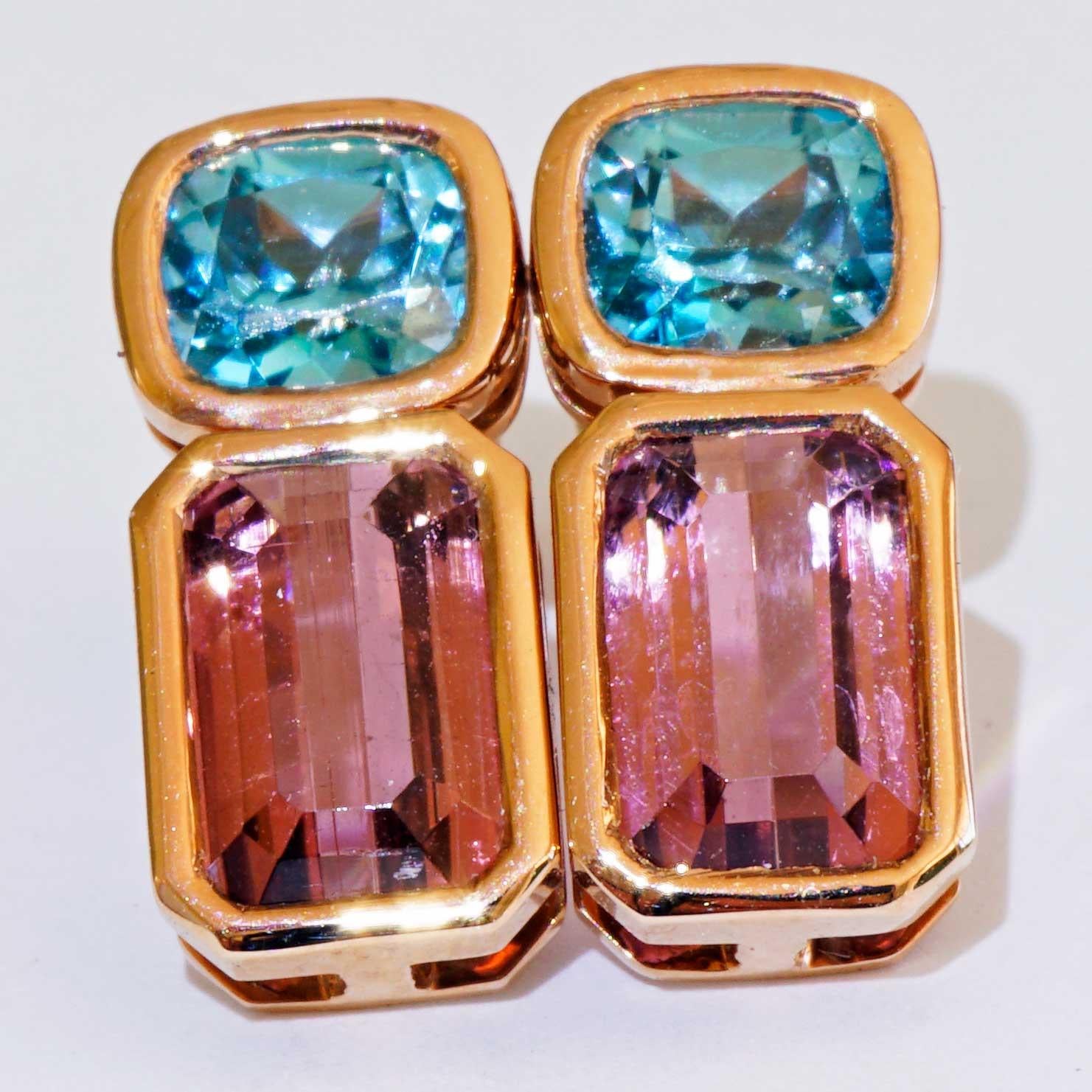 Moderne Boucles d'oreilles Tourmaline Zirkon Bleue 18 kt a exquise combinaison de couleurs en vente