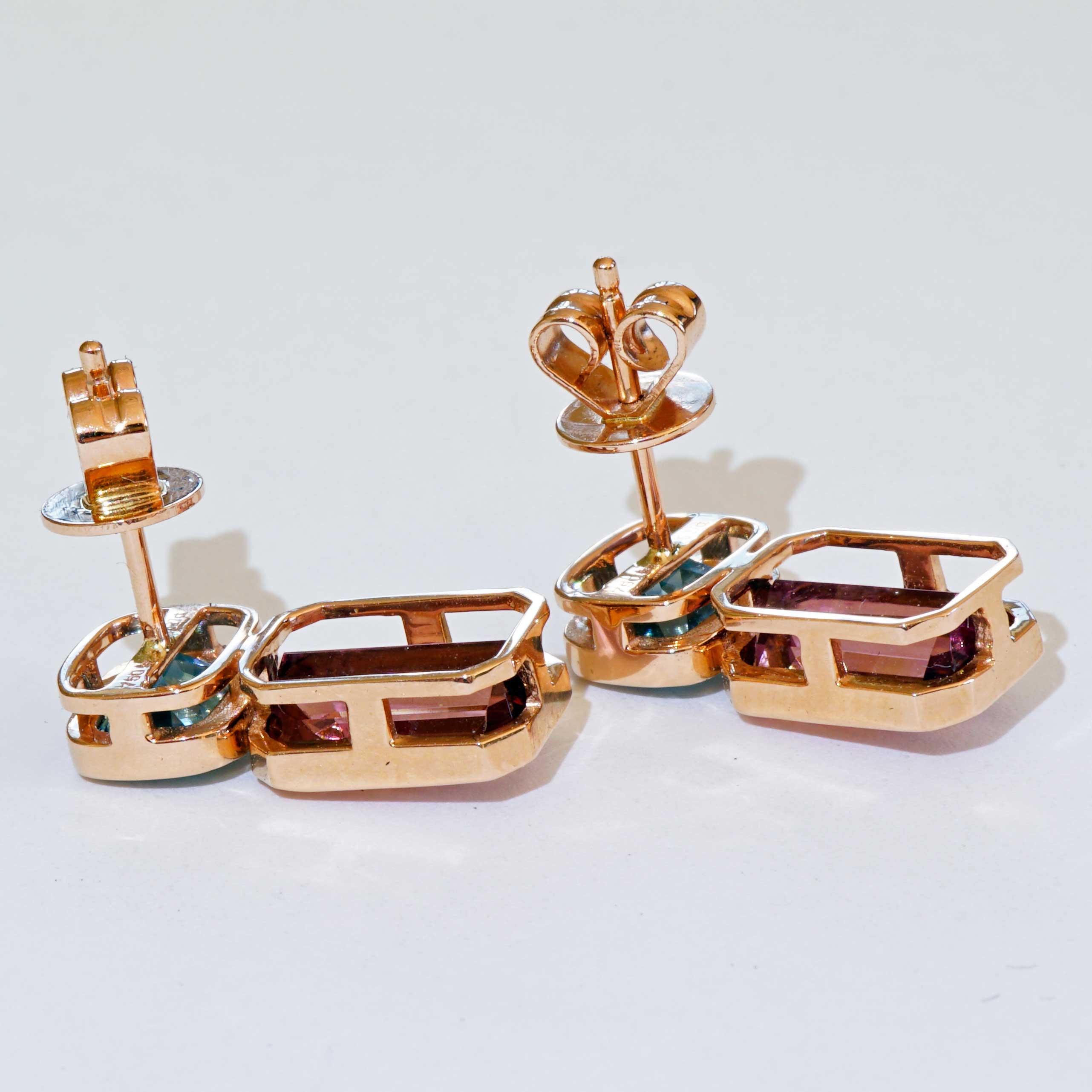 Taille Asscher Boucles d'oreilles Tourmaline Zirkon Bleue 18 kt a exquise combinaison de couleurs en vente