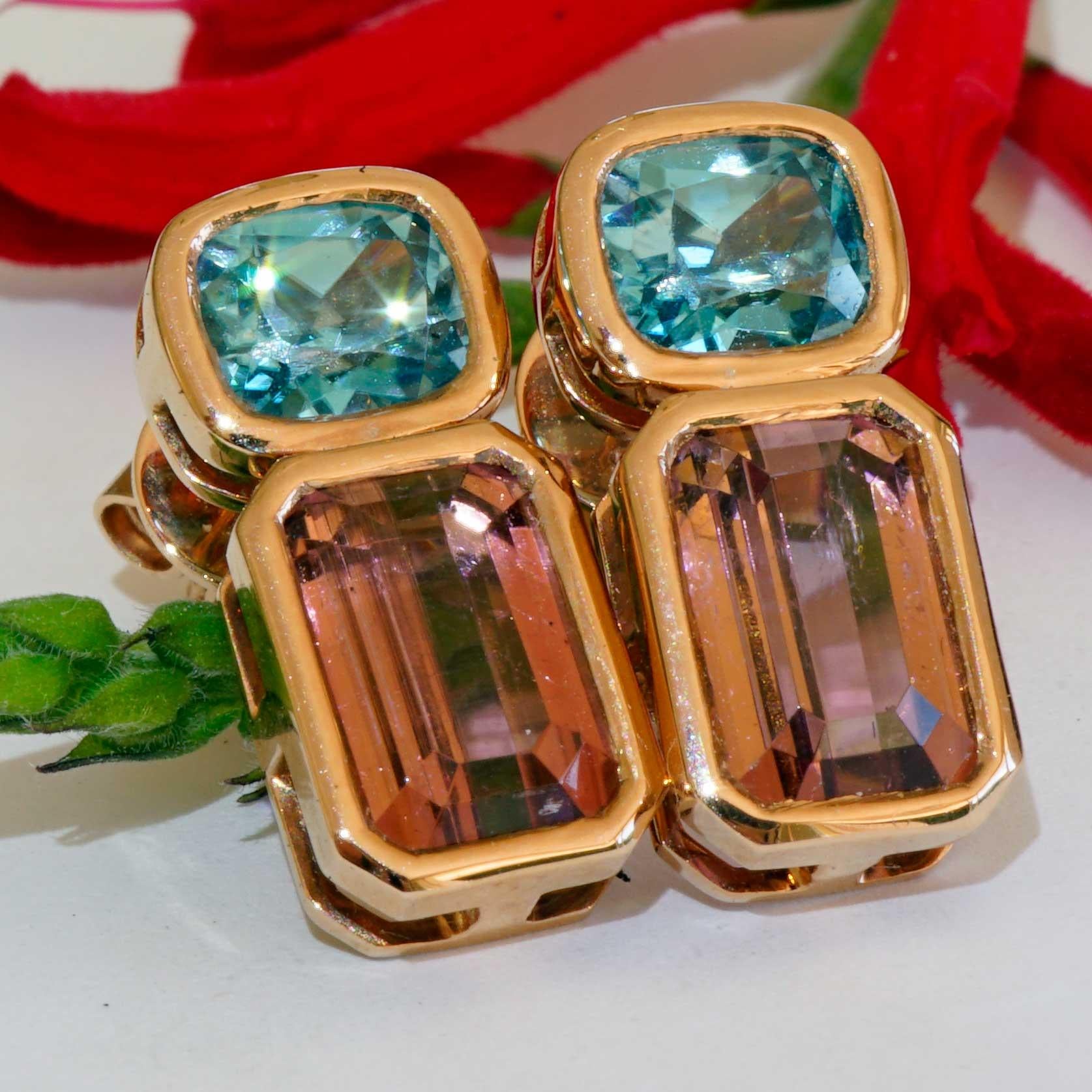 Boucles d'oreilles Tourmaline Zirkon Bleue 18 kt a exquise combinaison de couleurs Unisexe en vente