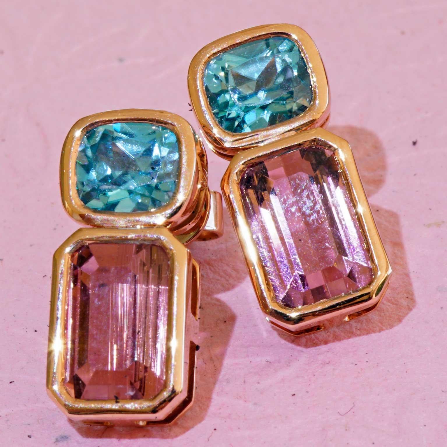 Boucles d'oreilles Tourmaline Zirkon Bleue 18 kt a exquise combinaison de couleurs en vente 1