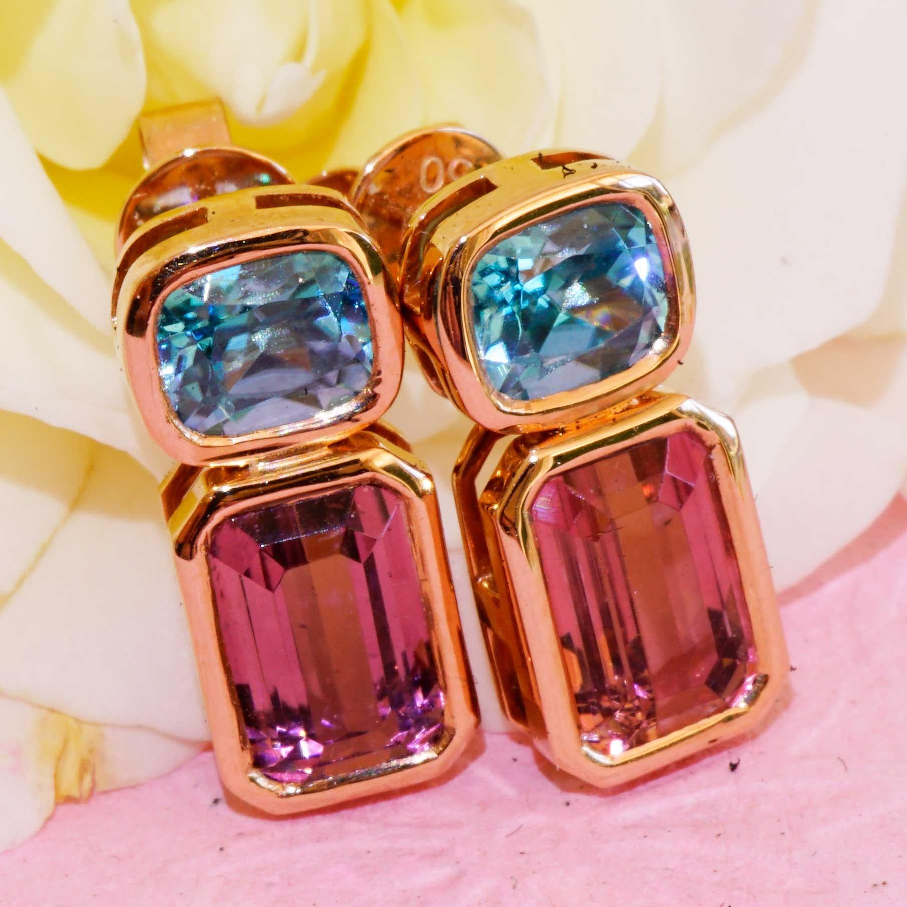 Boucles d'oreilles Tourmaline Zirkon Bleue 18 kt a exquise combinaison de couleurs en vente 2