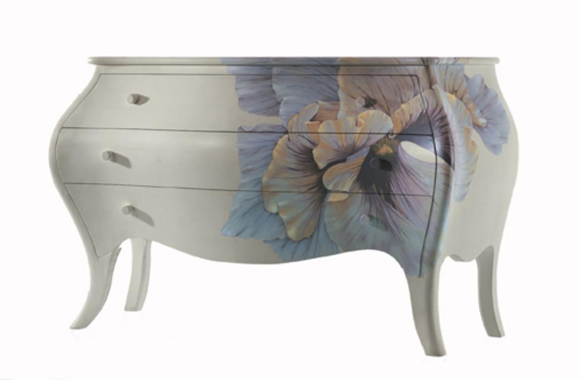 Italian BLUEBELL White Chest of Drawers in Bleached Maple Wood with Hand Painted Flower For Sale