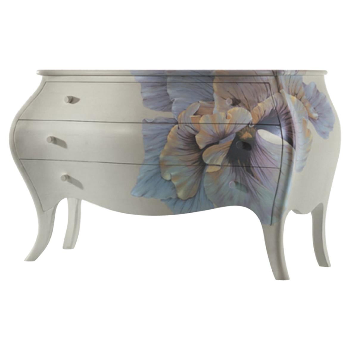 BLUEBELL White Chest of Drawers in Bleached Maple Wood with Hand Painted Flower
