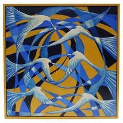 'Bluebirds' A Contemporary Art Deco Style Oil on Canvas Painting of