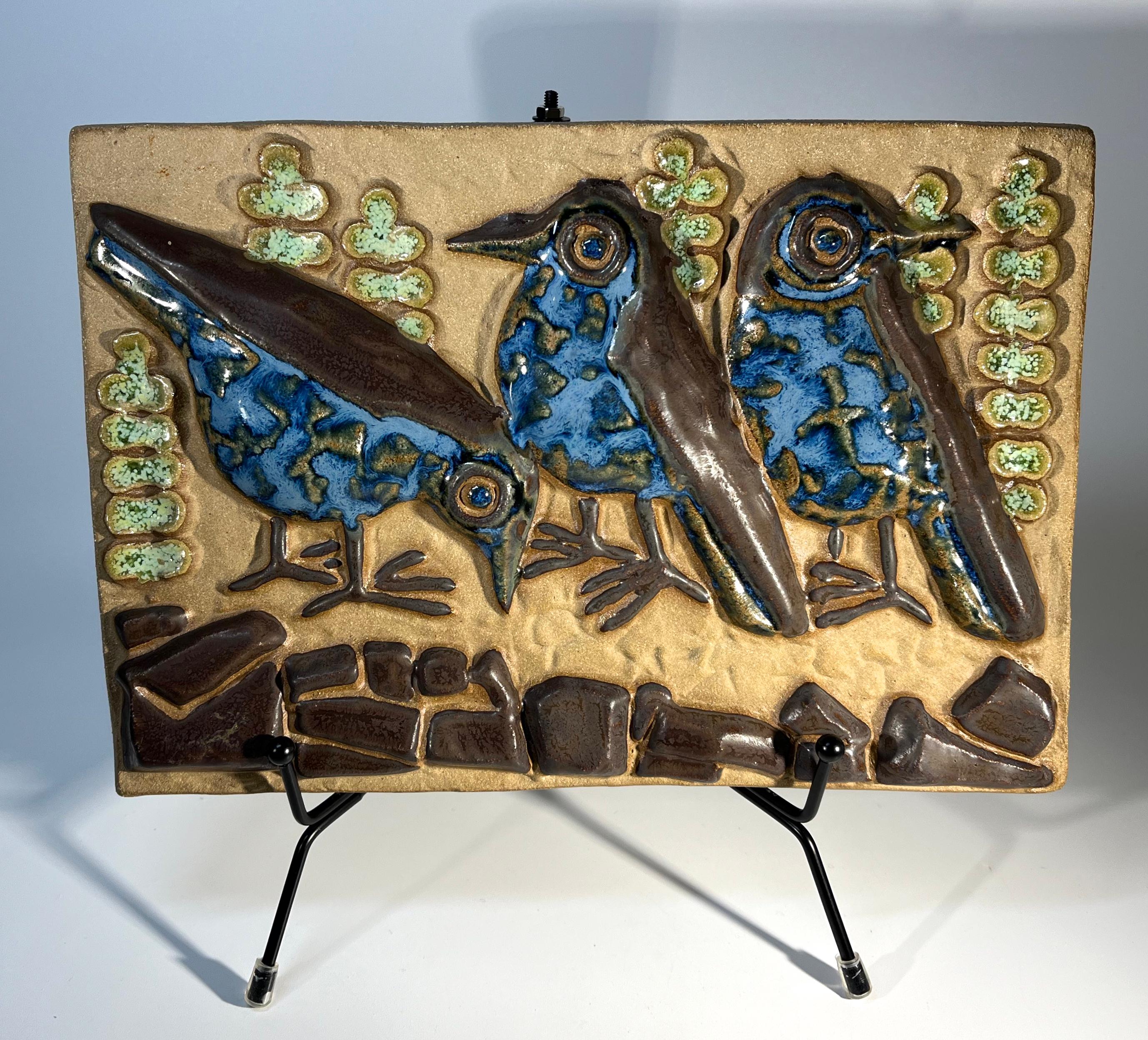 Bluebirds trio wall plaque, by Marianne Starck for Michael Andersen, Denmark 
Engaging blue glazed birds on stoneware plaque
Stamped MS, Three Herrings mark and #6267 on reverse
Width 9.5 inch, Height 6.5 inch, Depth 1 inch
Weight 3lb 3oz
In