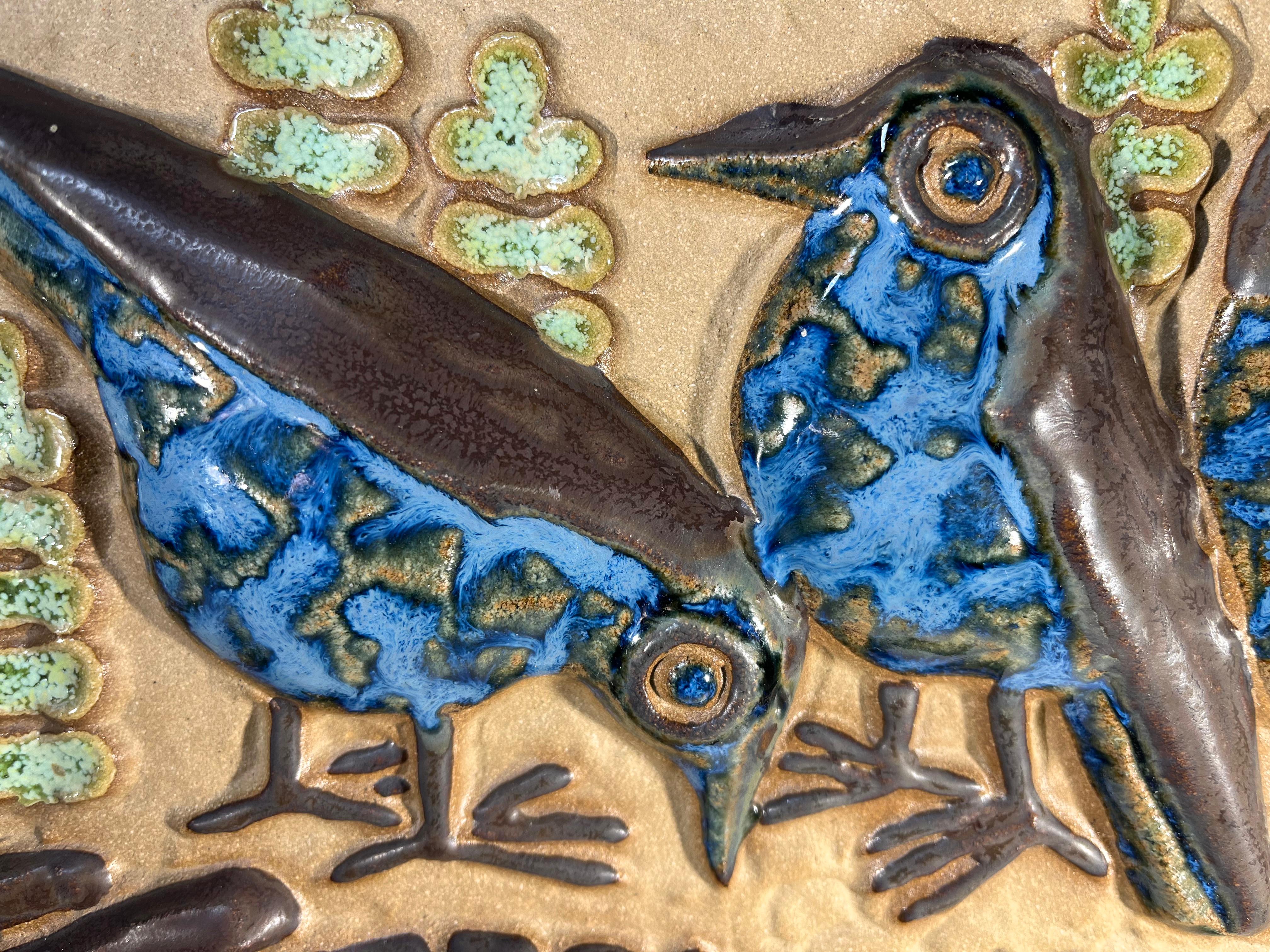 Glazed Bluebirds Trio By Marianne Starck For Michael Andersen. Danish Wall Plaque For Sale