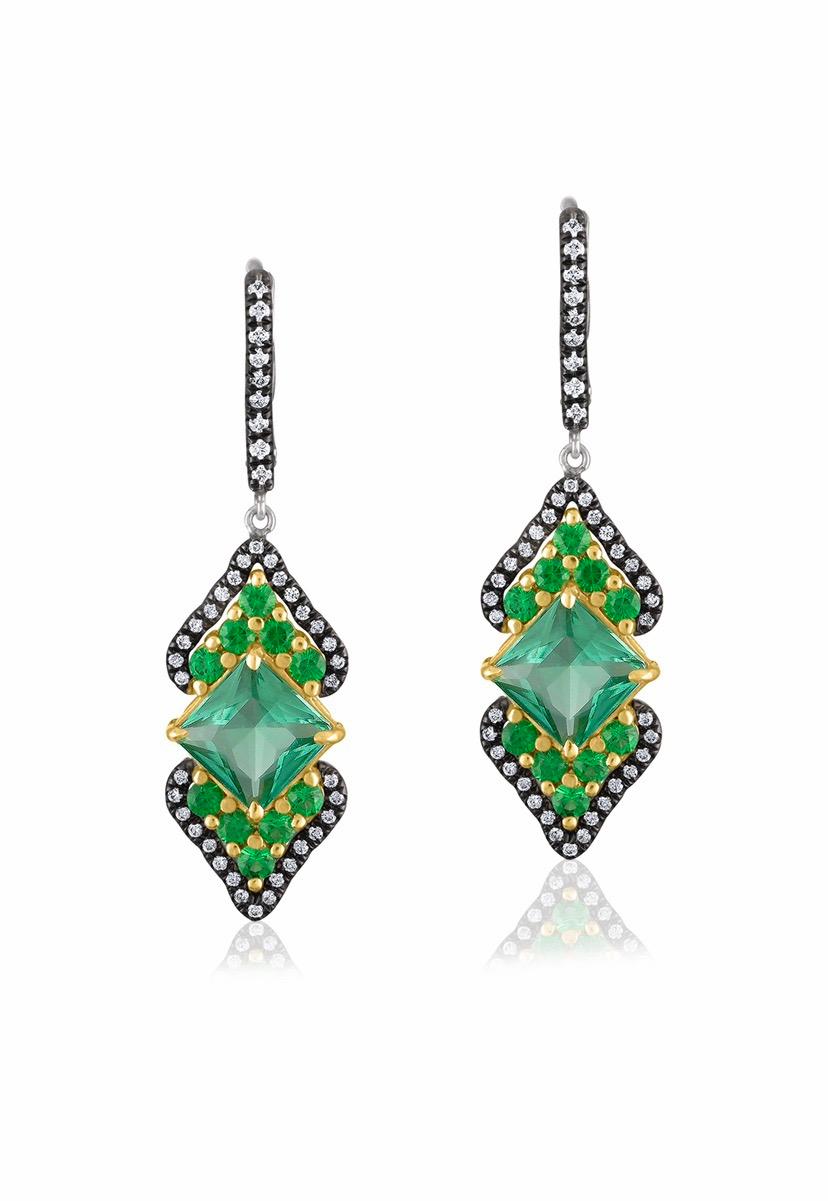 Art déco Boucles d'oreilles en or 18 carats avec tourmaline bleue verte et tsavorite et diamants en vente