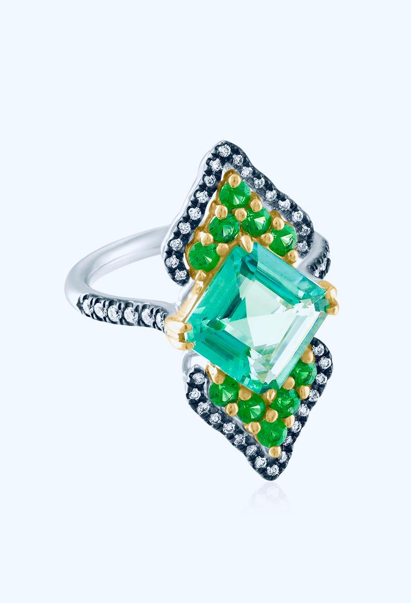 Asscher Cut Blue Green Tourmaline and Tsavorite Ring in 18 Karat Gold with Diamond Accent For Sale