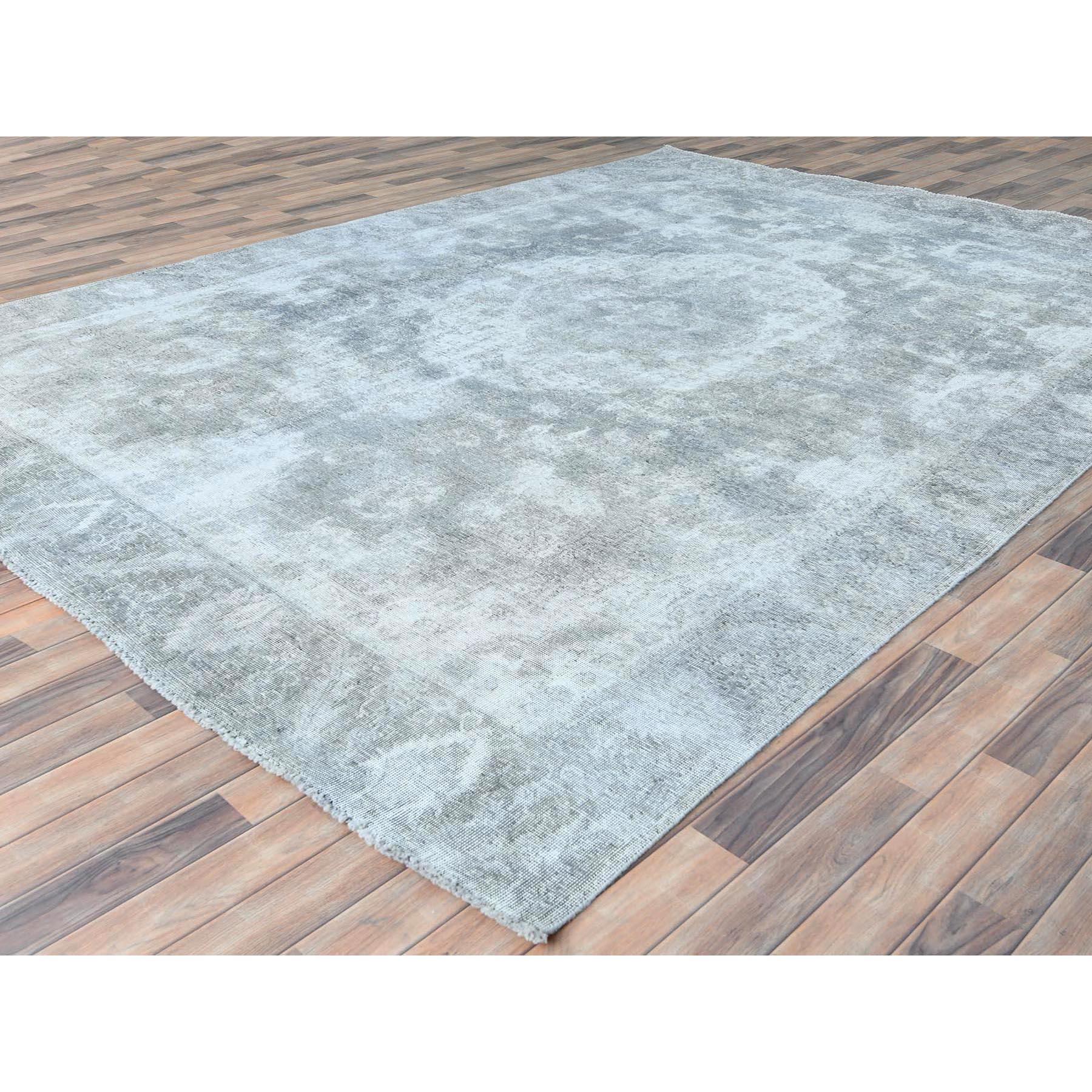 Medieval Blueish Grey Distressed Feel Worn Wool Hand Knotted Vintage Persian Tabriz Rug For Sale