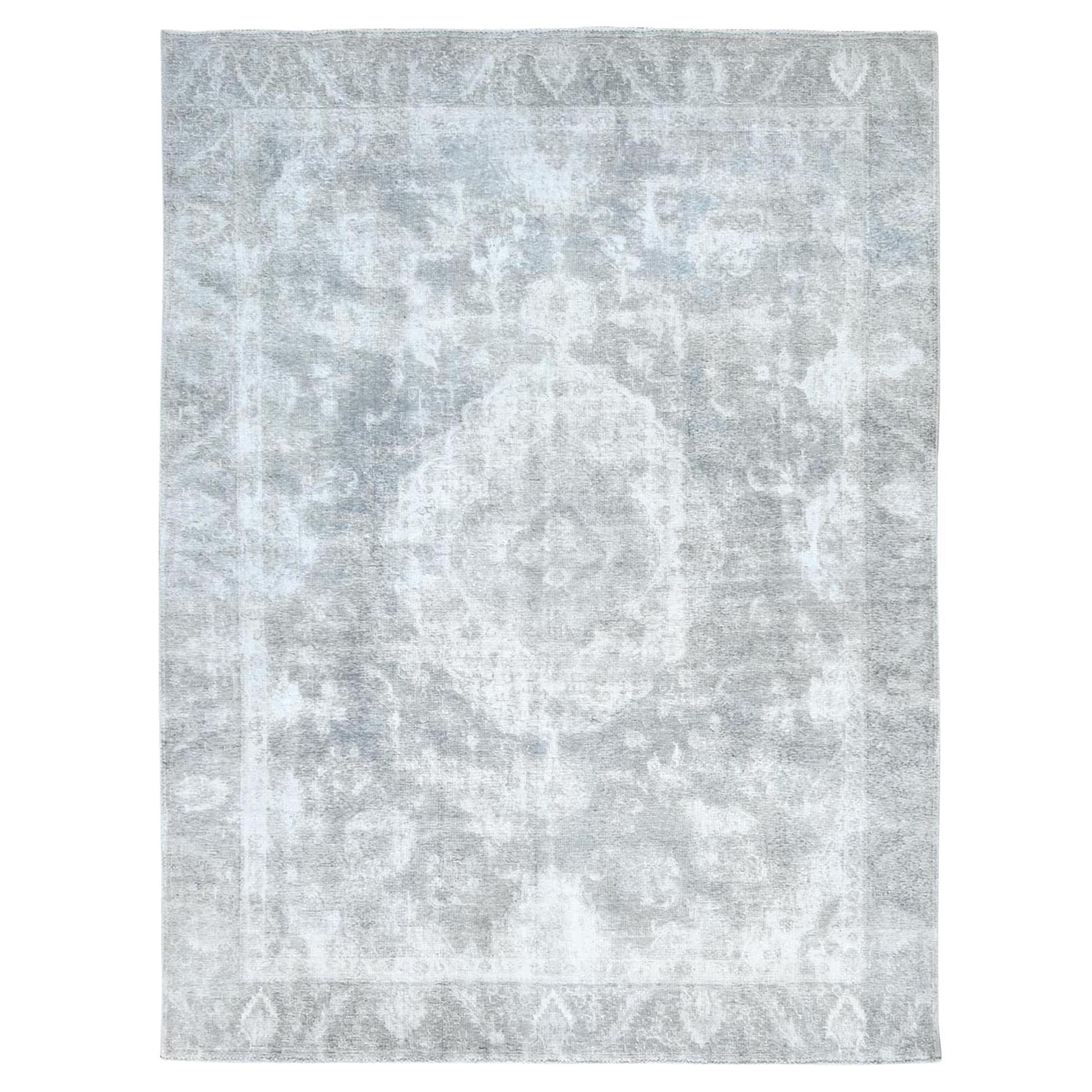 Blueish Grey Distressed Feel Worn Wool Hand Knotted Vintage Persian Tabriz Rug