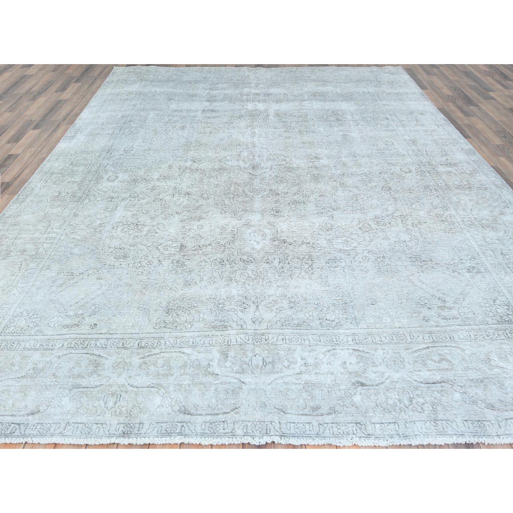 Medieval Blueish Gray Worn Down Rustic Feel Wool Hand Knotted Vintage Persian Tabriz Rug For Sale