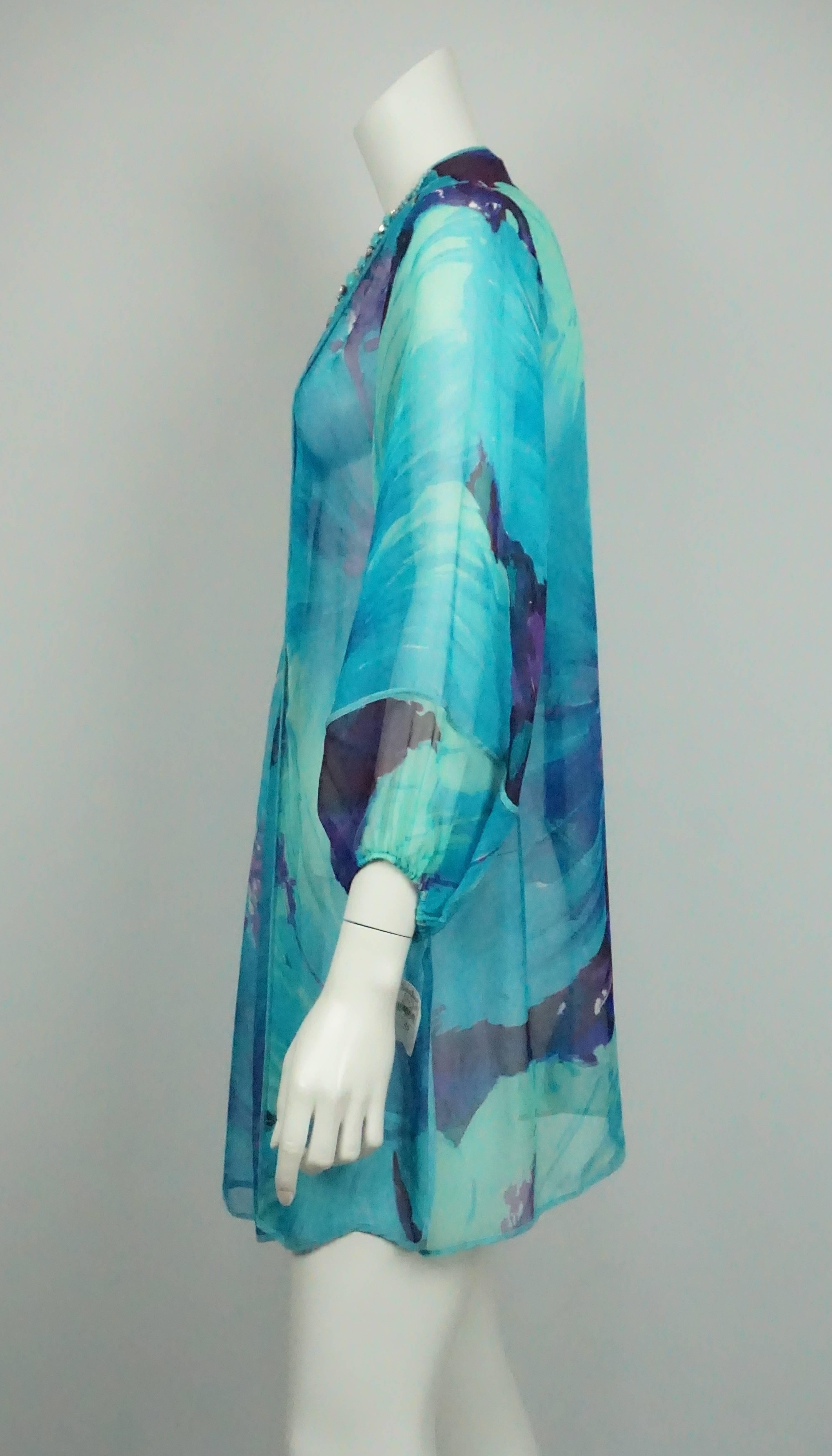 Bluemarine Blue Print Silk Chiffon Tunic Top w/ Beading - 46 - NWT  This gorgeous long sleeve tunic top is in excellent condition. It is embellished around the front of the neckline with stones, beads, and multi colored rhinestones. There is details