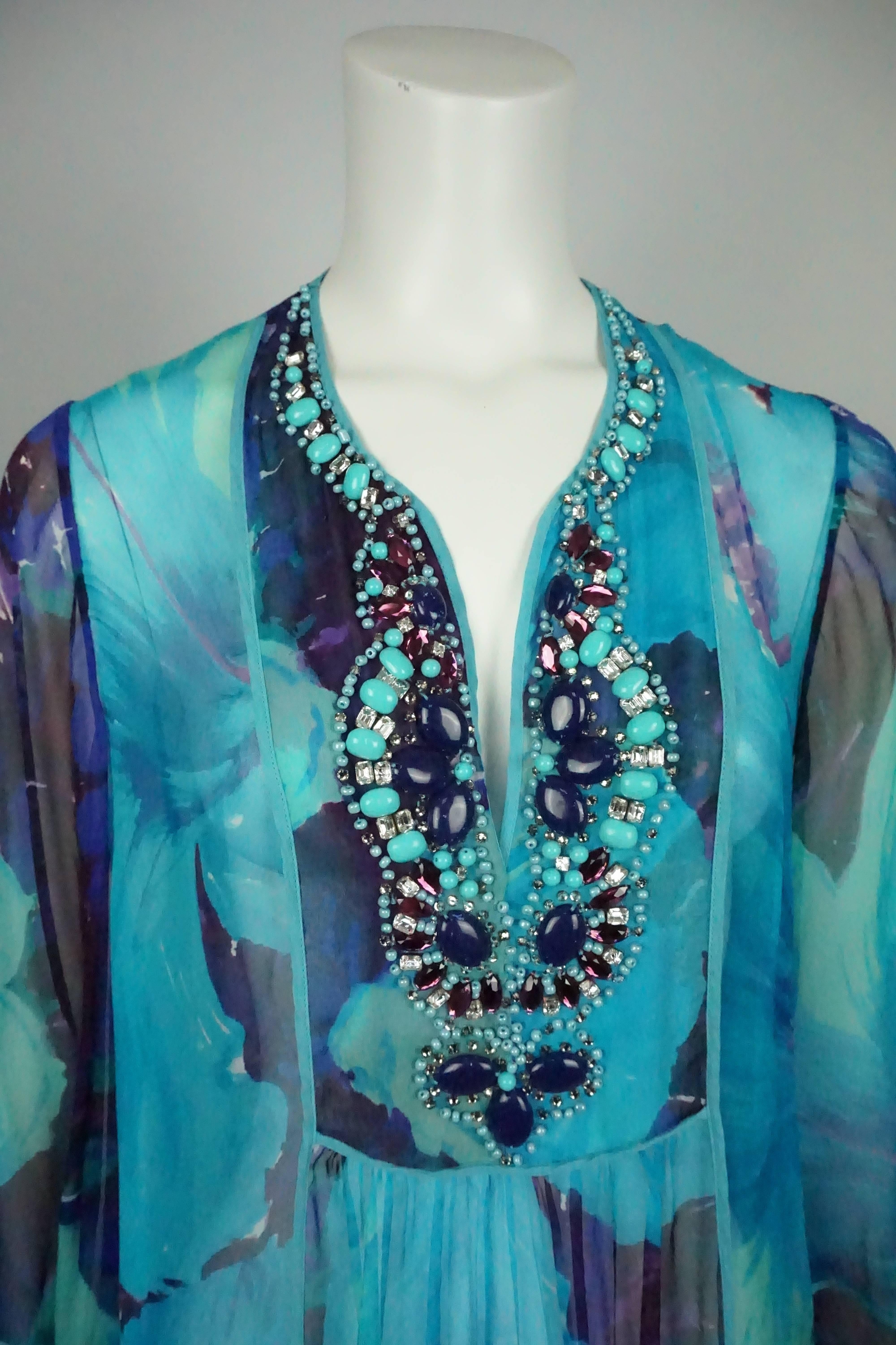 Bluemarine Blue Print Silk Chiffon Tunic Top with Beading In New Condition For Sale In West Palm Beach, FL