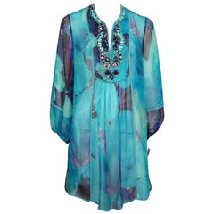 Bluemarine Blue Print Silk Chiffon Tunic Top with Beading