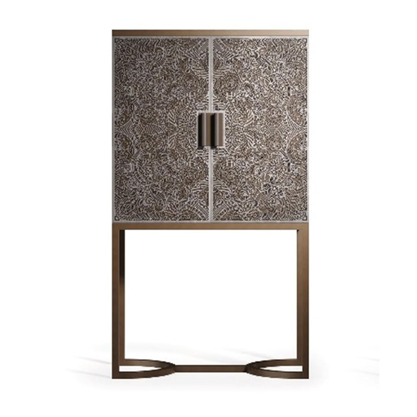 Contemporary aesthetic and traditional craftsmanship merge to create this refined bar cabinet. The matte gray metal base has an architectural feel with its two semi-circular legs connected by a straight bar. The square wood top features an