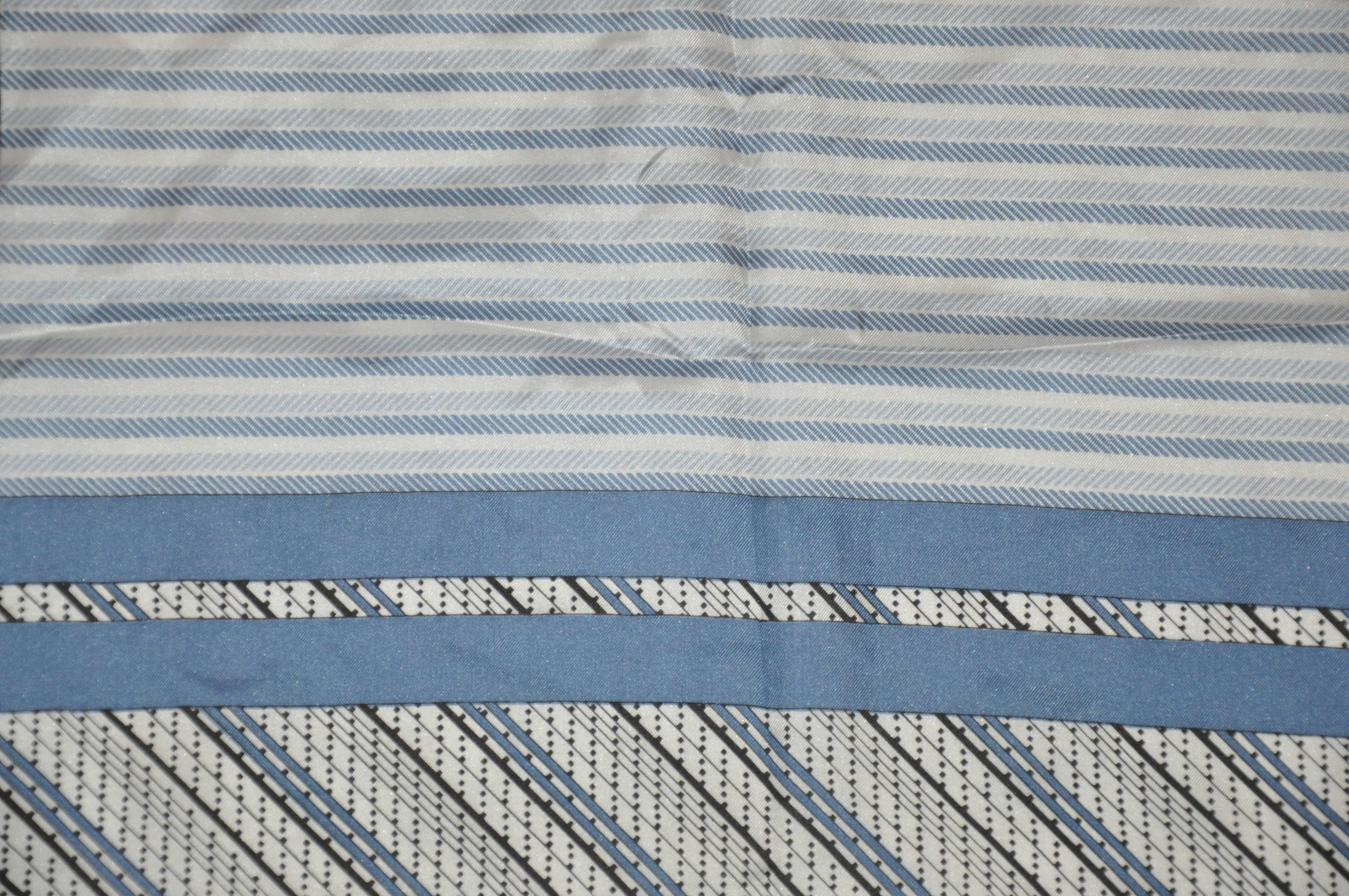 Gray Blue and Black Stripes and Dots Border with Multi Blues Stripe Center Silk Scarf