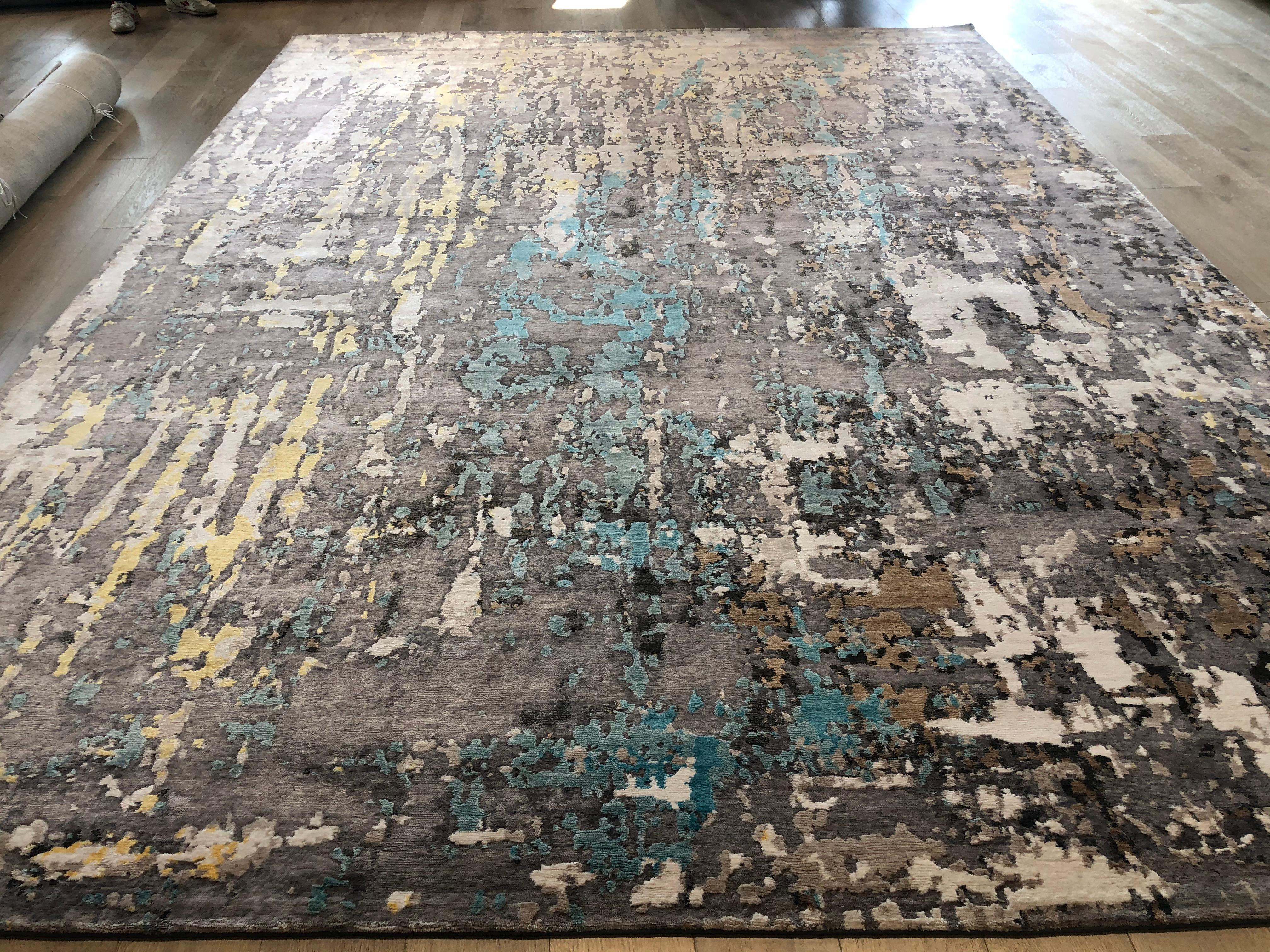 Hand-Knotted Blues and Grays Abstract Design Rug For Sale