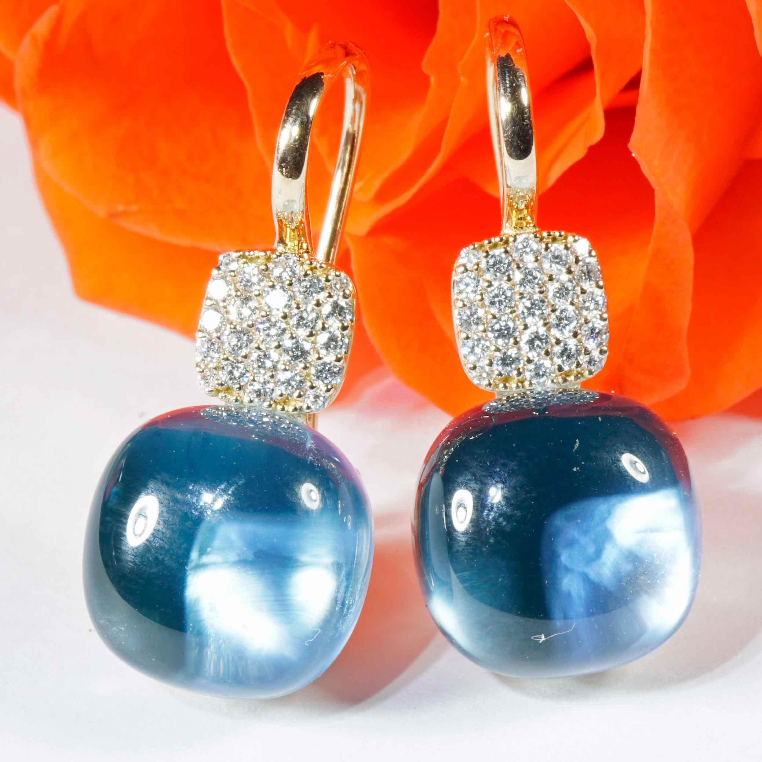 Brilliant Cut Bluetopaz Brilliant Earrings 18 kt modern Design so stunning 19.35 ct 0.27 ct For Sale
