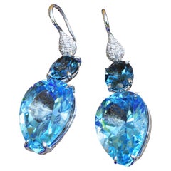 Bluetopaz Diamond Earrings, Italy Sea Blue, 18 Kt Whitegold Amazing