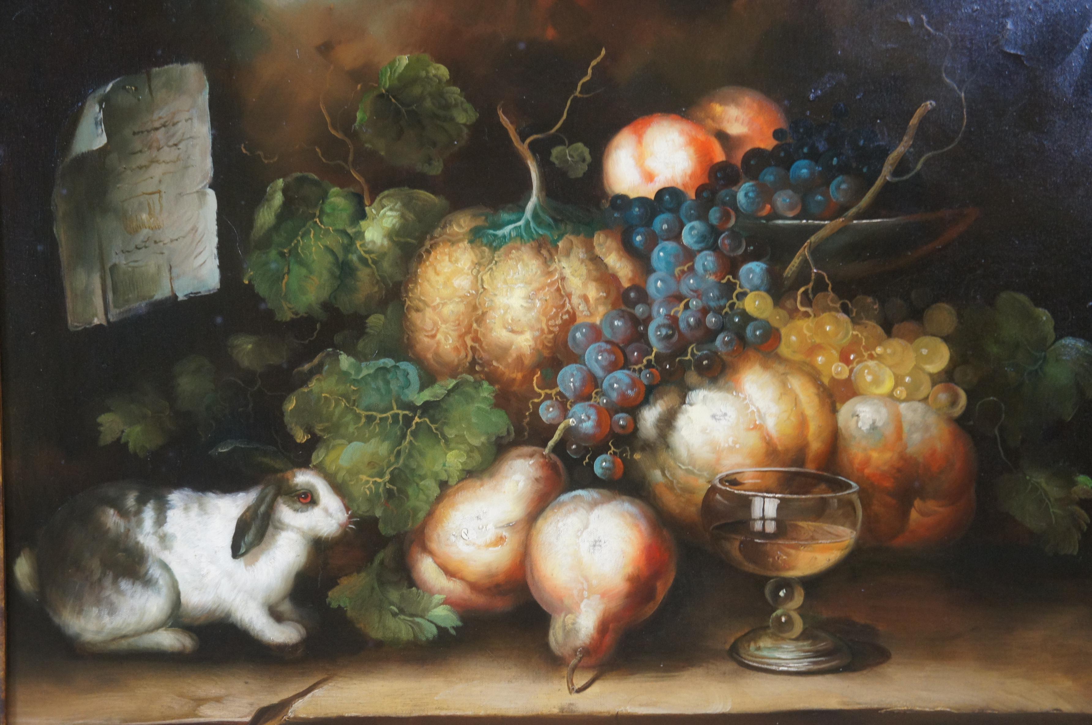 20ième siècle Bluhm Fruit Grapes Wine Rabbit Still Life Oil Painting on Canvas 39