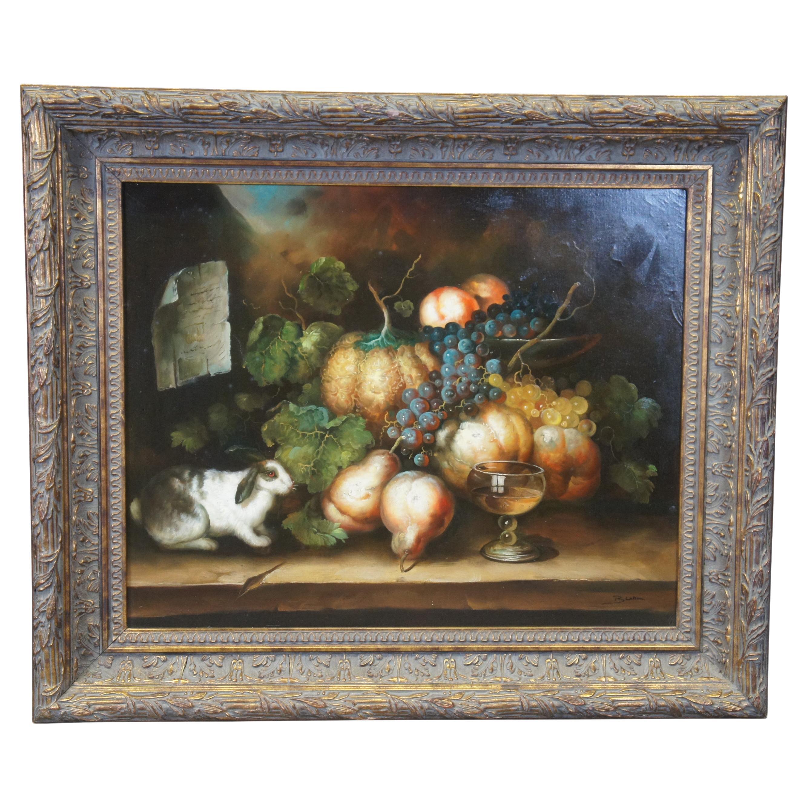 Bluhm Fruit Grapes Wine Rabbit Still Life Oil Painting on Canvas 39" (Nature morte à l'huile sur toile) en vente