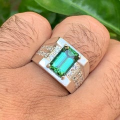 Bluish Green Natural Tourmaline Gemstone 925 Sterling Silver Men’s Ring, 4.80 Ct