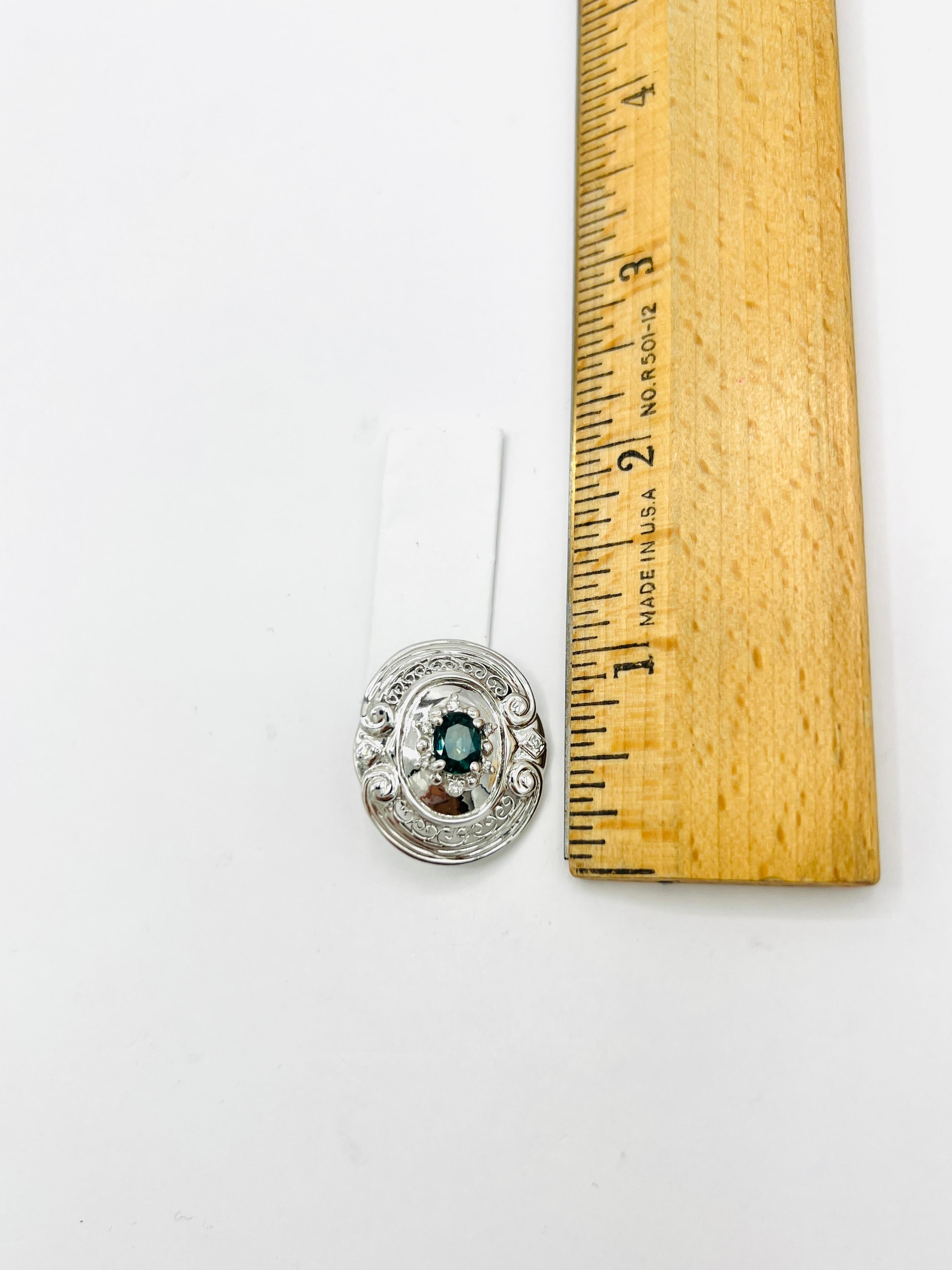 Bluish Green Sapphire and White Diamond Slider Pendant in 14K White Gold 1
