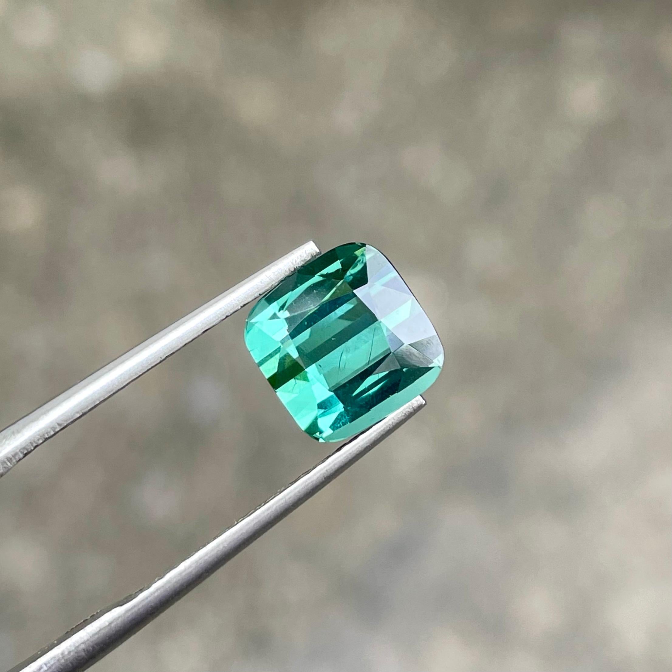 Weight 3.20 carats 
Dimensions 8.1 x 8.2 x 5.8 mm
Treatment None 
Origin Africa 
Clarity VVS (Very, Very Slightly Included)
Shape Cushion 
Cut Fancy Cushion 




The bluish green Tourmaline is a stunning 3.20 carat gemstone with an elegant cushion