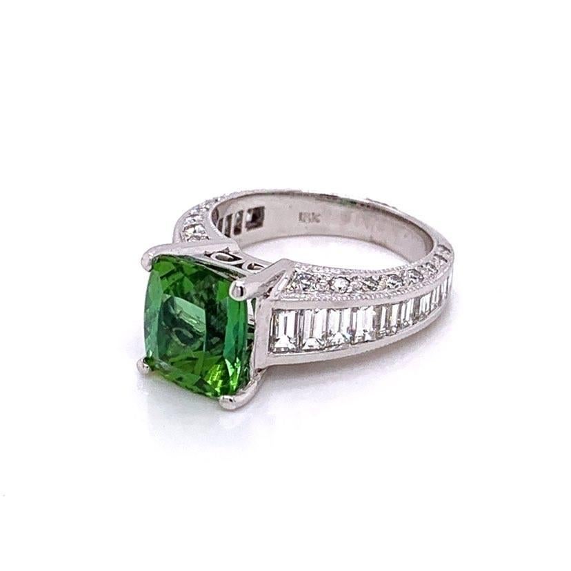 Cushion Cut Bluish-Green Tourmaline Diamond Gold Ring For Sale