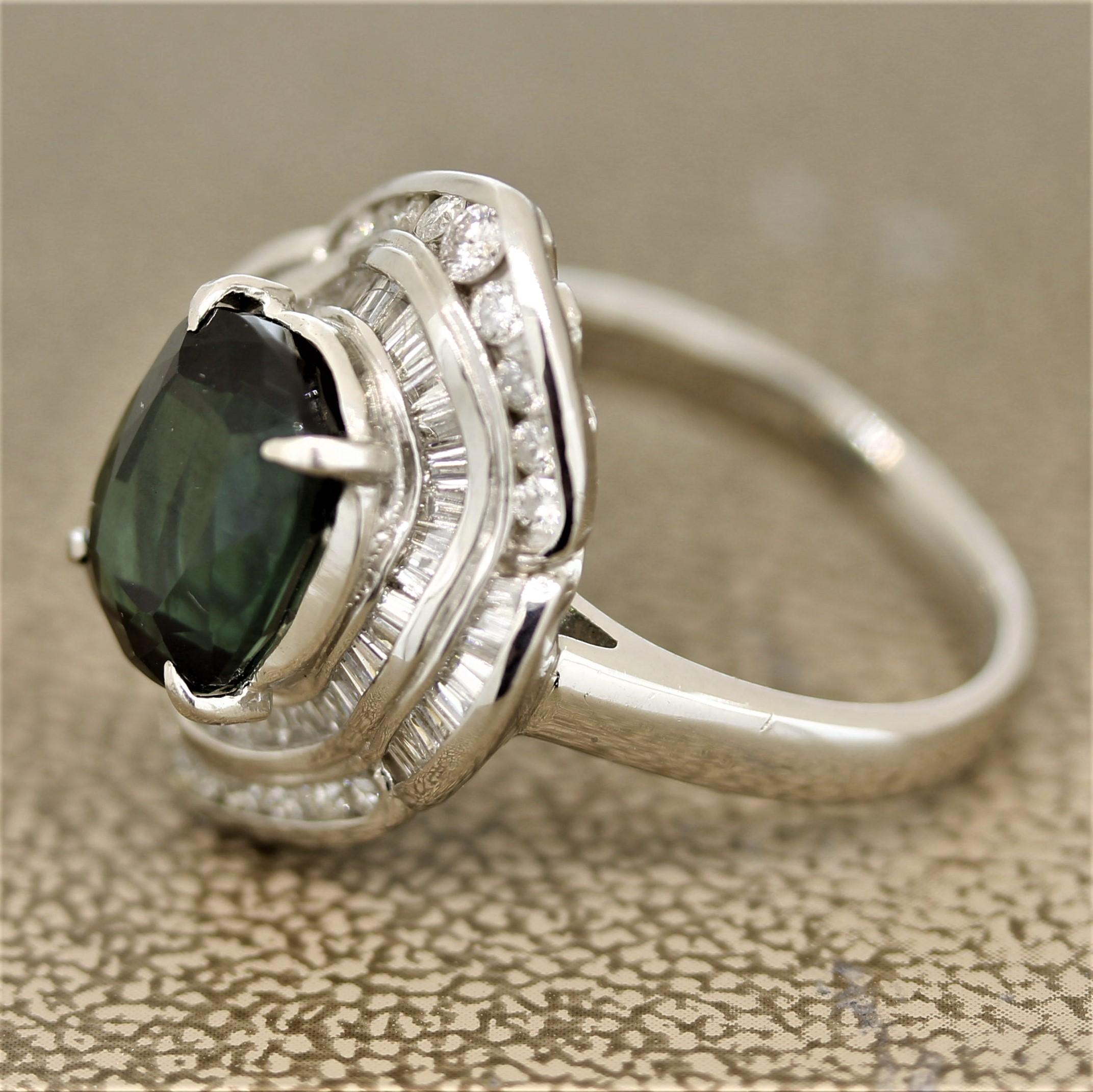 Mixed Cut Bluish-Green Tourmaline Diamond Platinum Ring