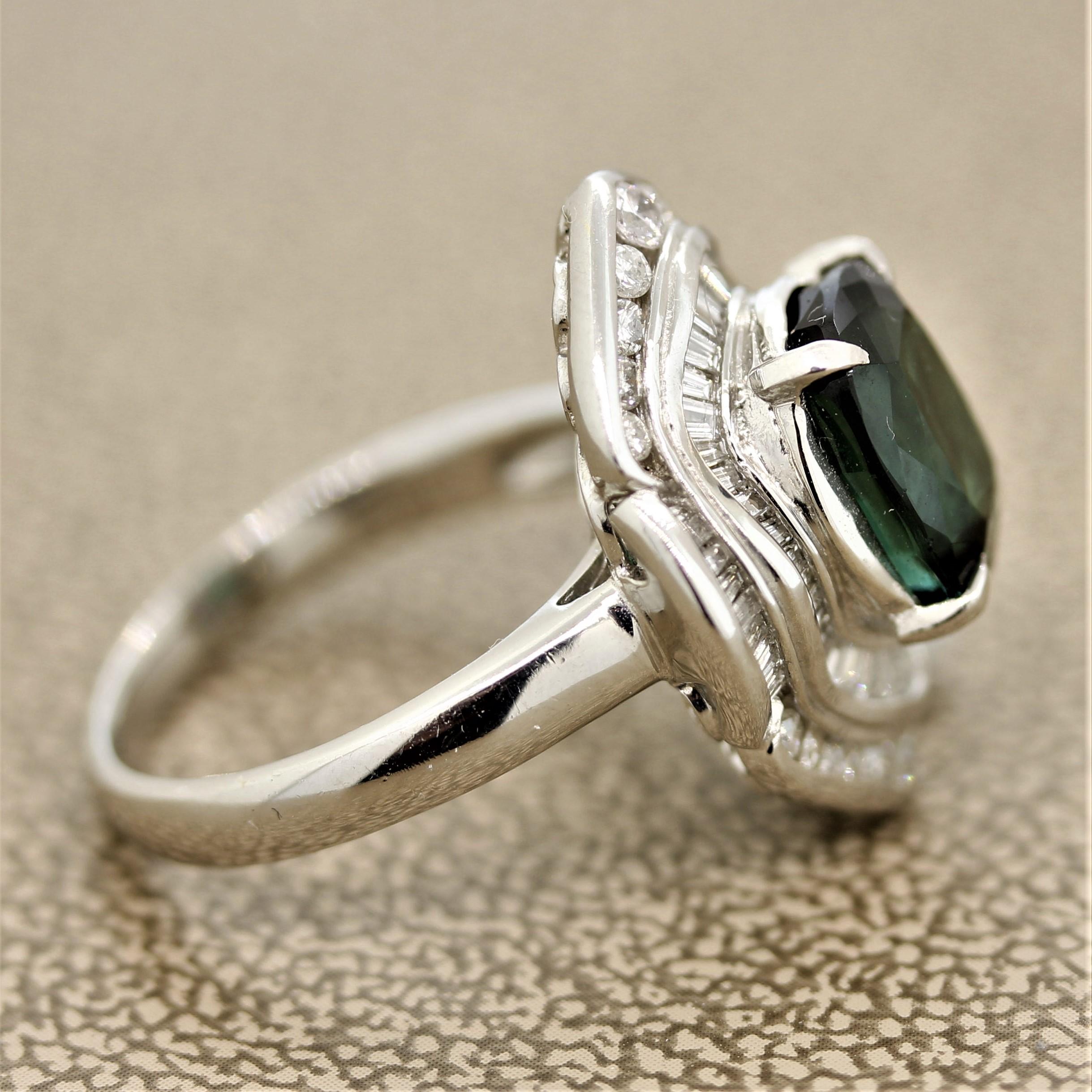 Women's Bluish-Green Tourmaline Diamond Platinum Ring