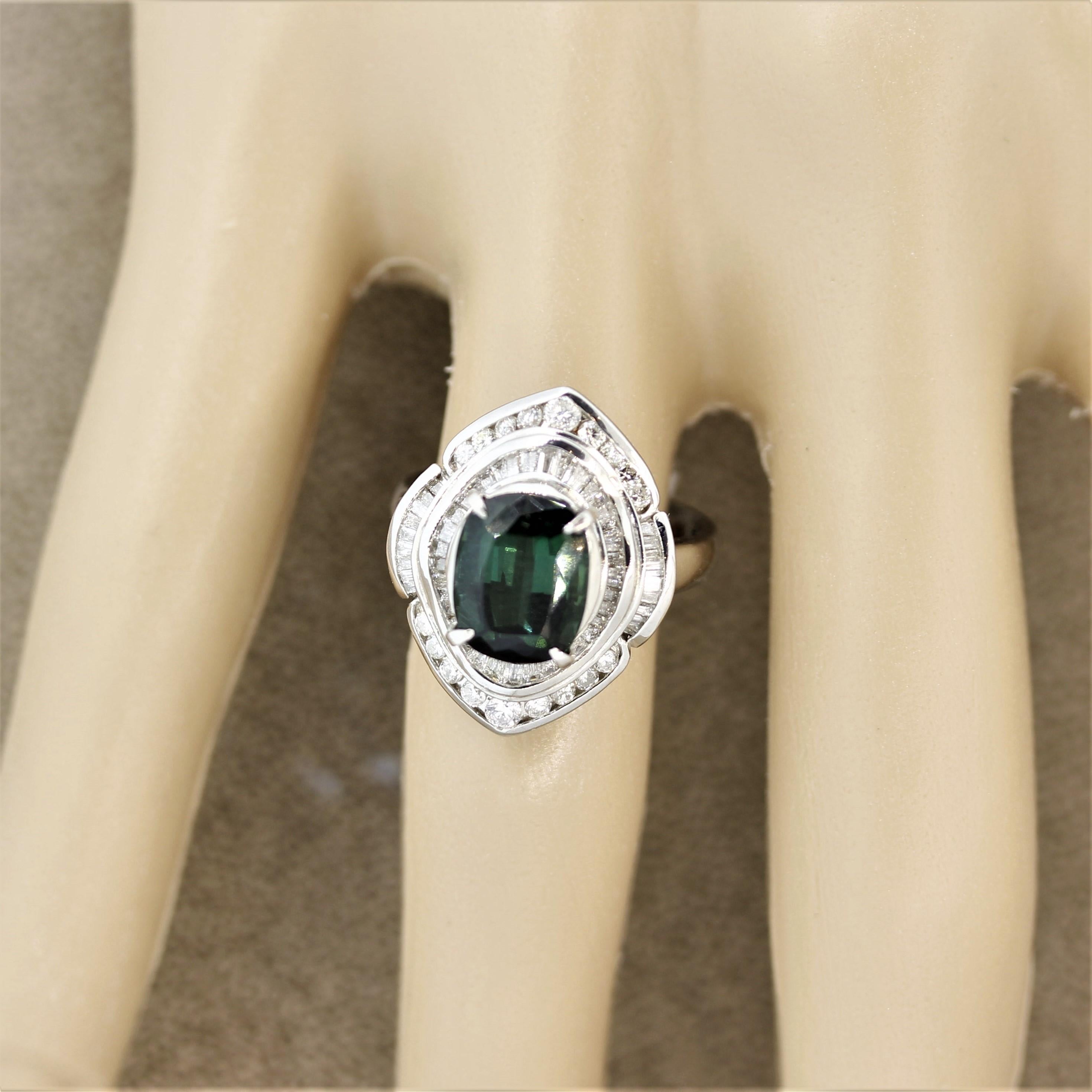 Bluish-Green Tourmaline Diamond Platinum Ring 1