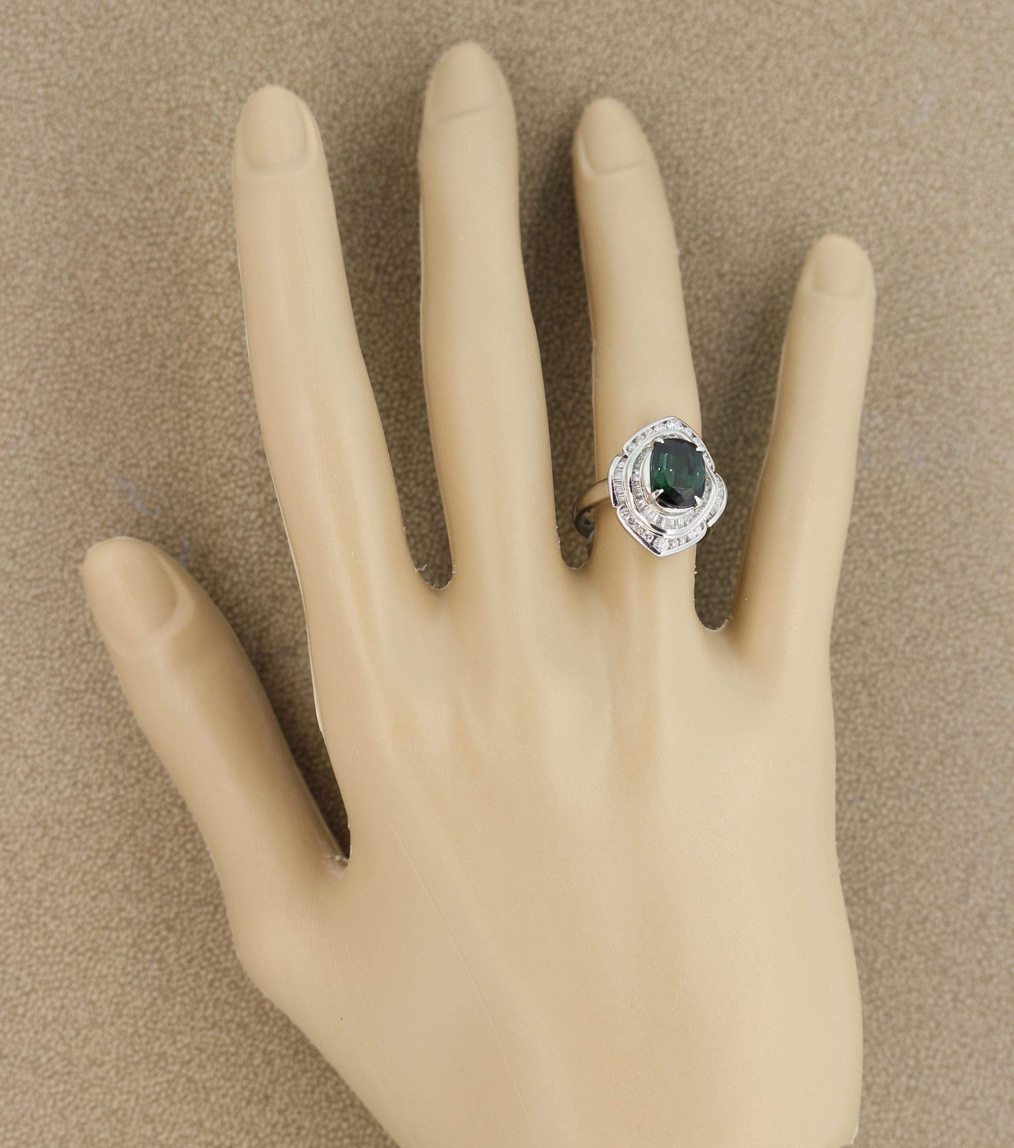 Bluish-Green Tourmaline Diamond Platinum Ring 2
