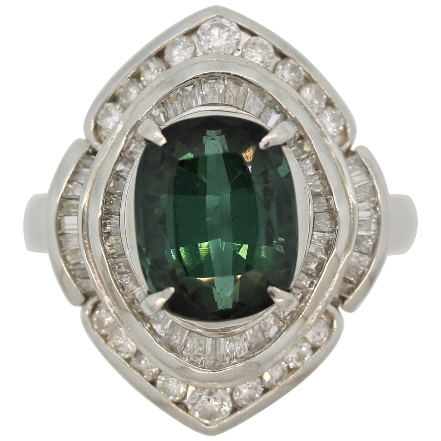 Bluish-Green Tourmaline Diamond Platinum Ring
