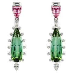 Bluish Green Tourmaline 
Pink Spinel Earrings, 18k White Gold Diamonds Earring