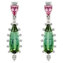 Bluish Green Tourmaline & Pink Spinel Earrings, 18k White Gold Diamonds Earring