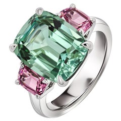 Bluish Green Tourmaline & Pink Spinels Ring, 18k White Gold Ring