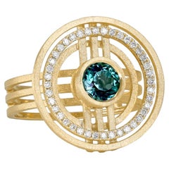 Bluish Green Tourmaline White Diamond Handmade Gold Ring, Shimell & Madden