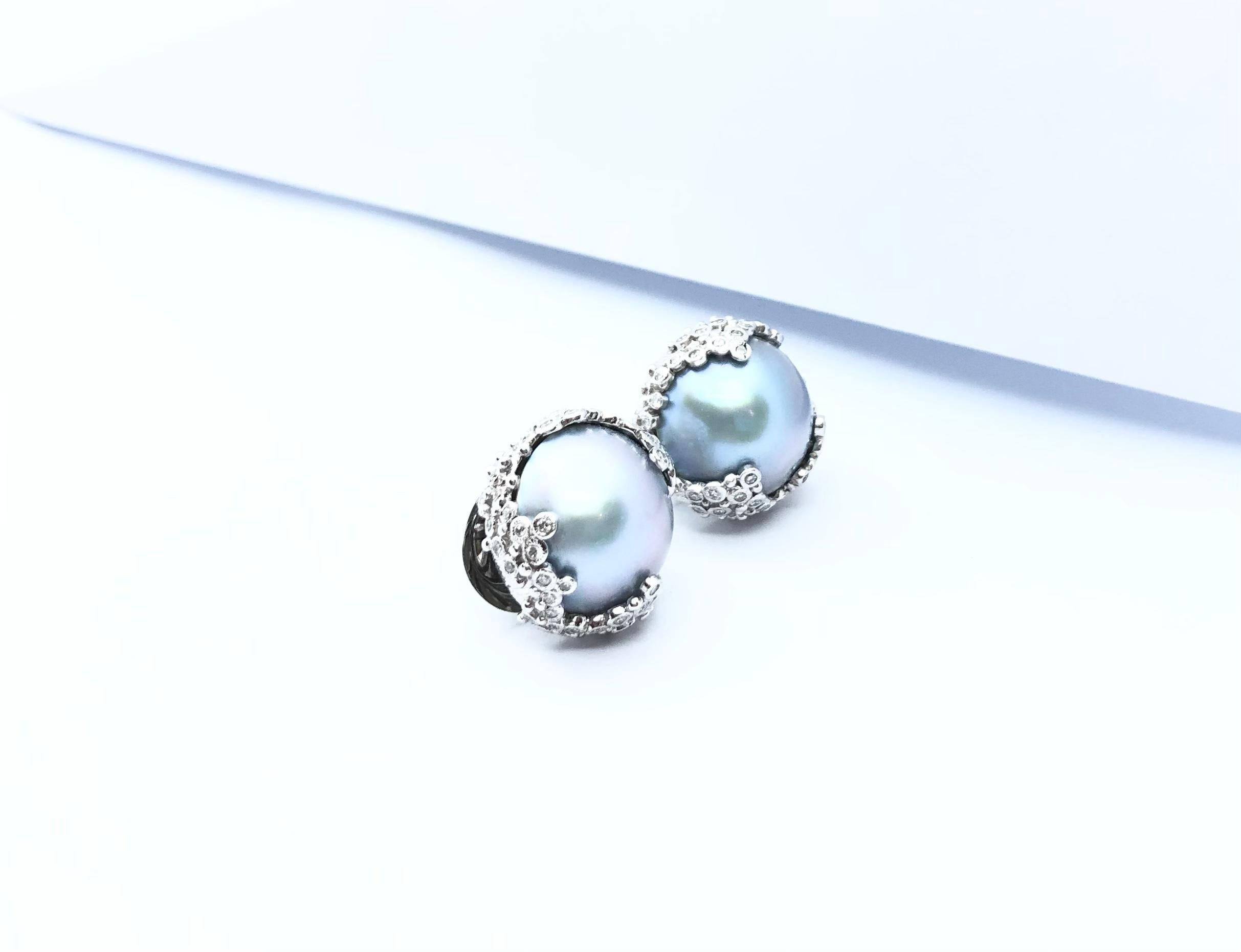 Bluish Grey Mabe Pearl with Diamond Earrings set in 18 Karat White Gold Settings For Sale 5