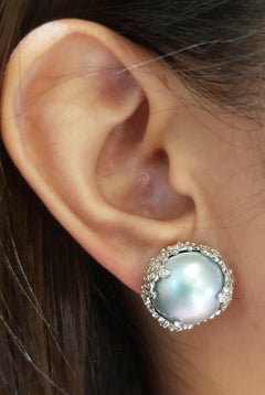 Bluish Grey Mabe Pearl with Diamond Earrings set in 18 Karat White Gold Settings