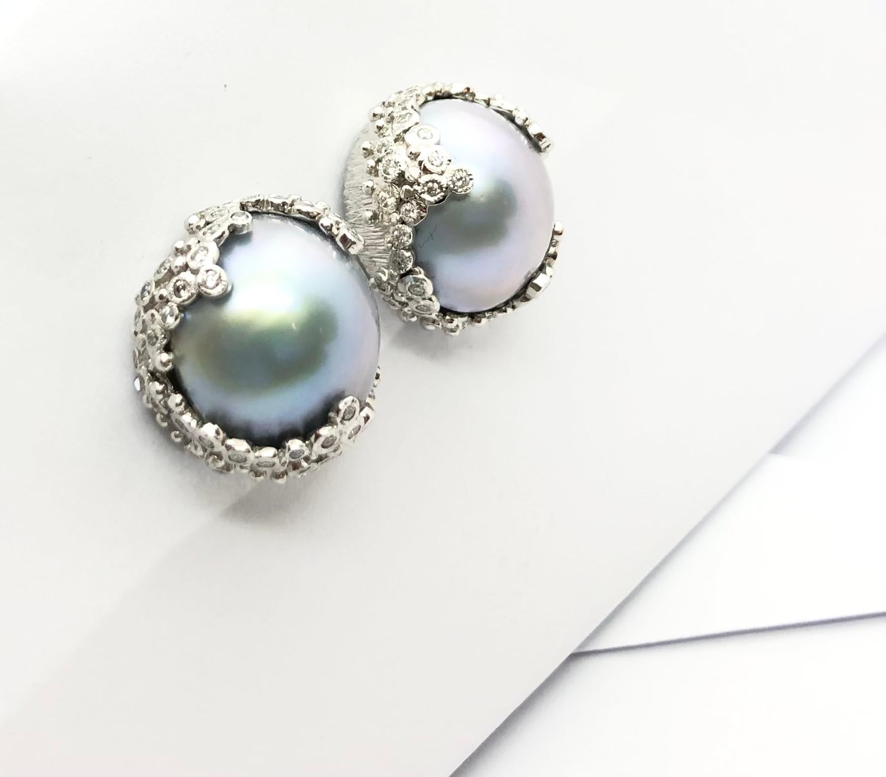 Contemporary Bluish Grey Mabe Pearl with Diamond Earrings set in 18 Karat White Gold Settings For Sale