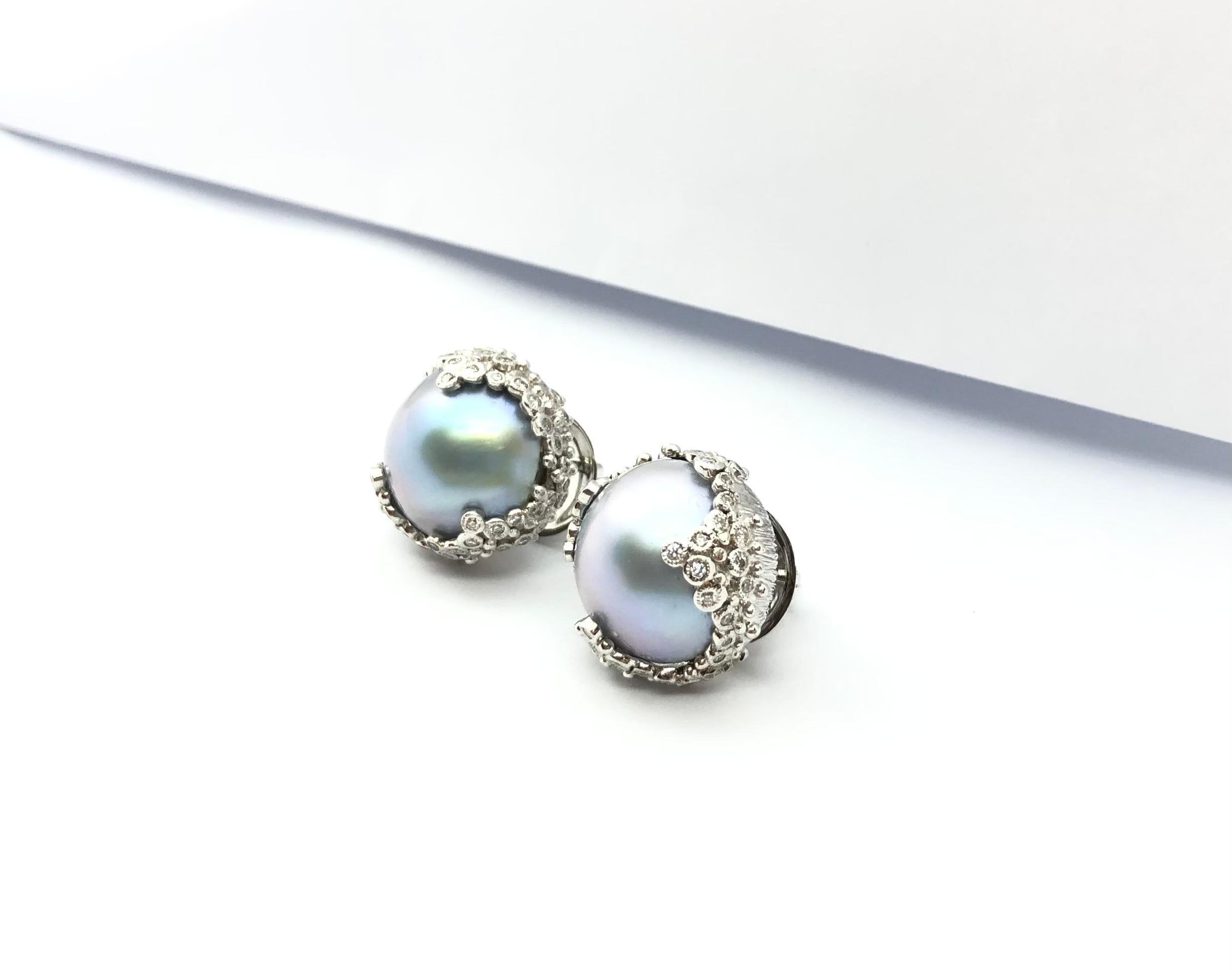 Brilliant Cut Bluish Grey Mabe Pearl with Diamond Earrings set in 18 Karat White Gold Settings For Sale