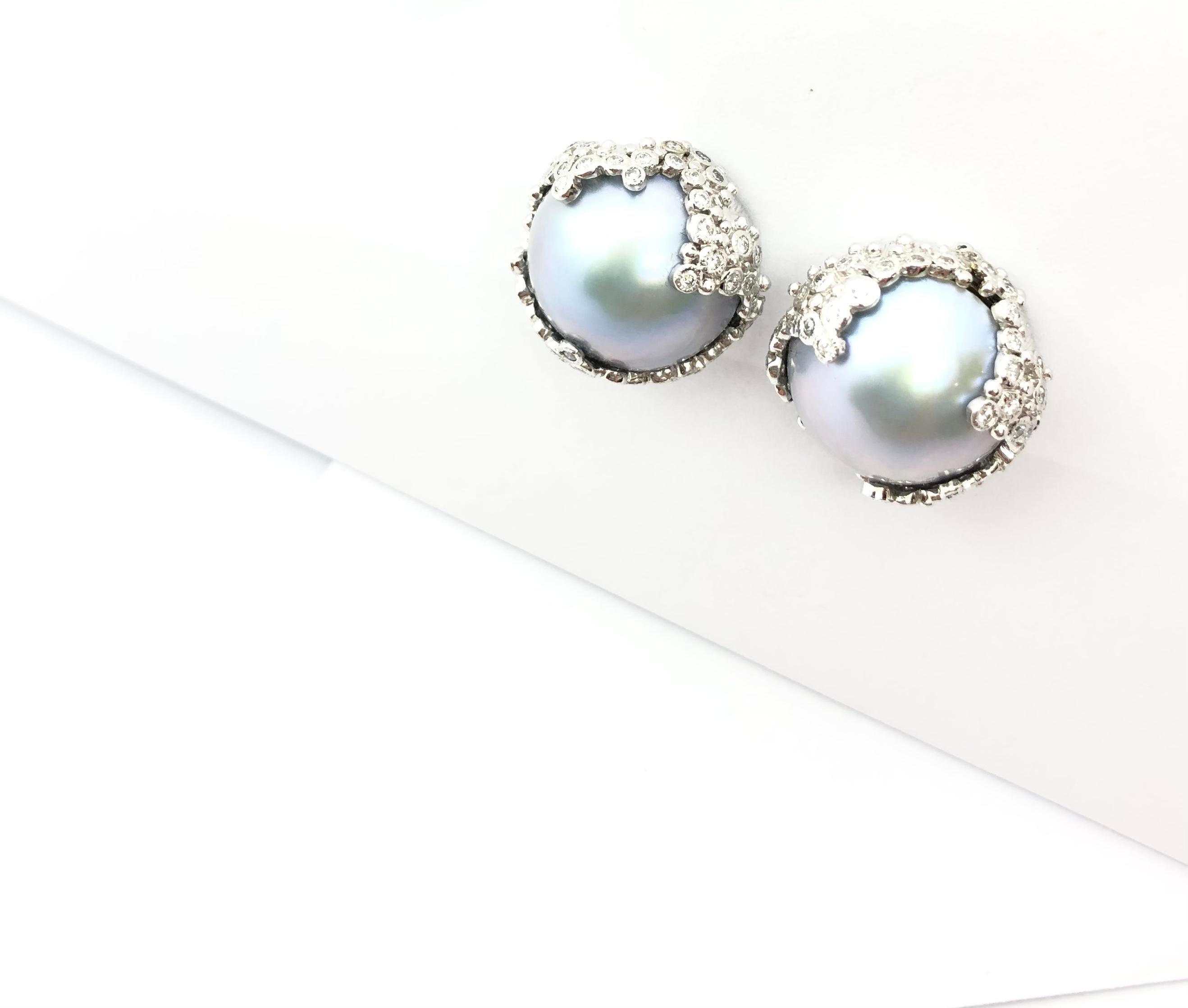 Women's Bluish Grey Mabe Pearl with Diamond Earrings set in 18 Karat White Gold Settings For Sale
