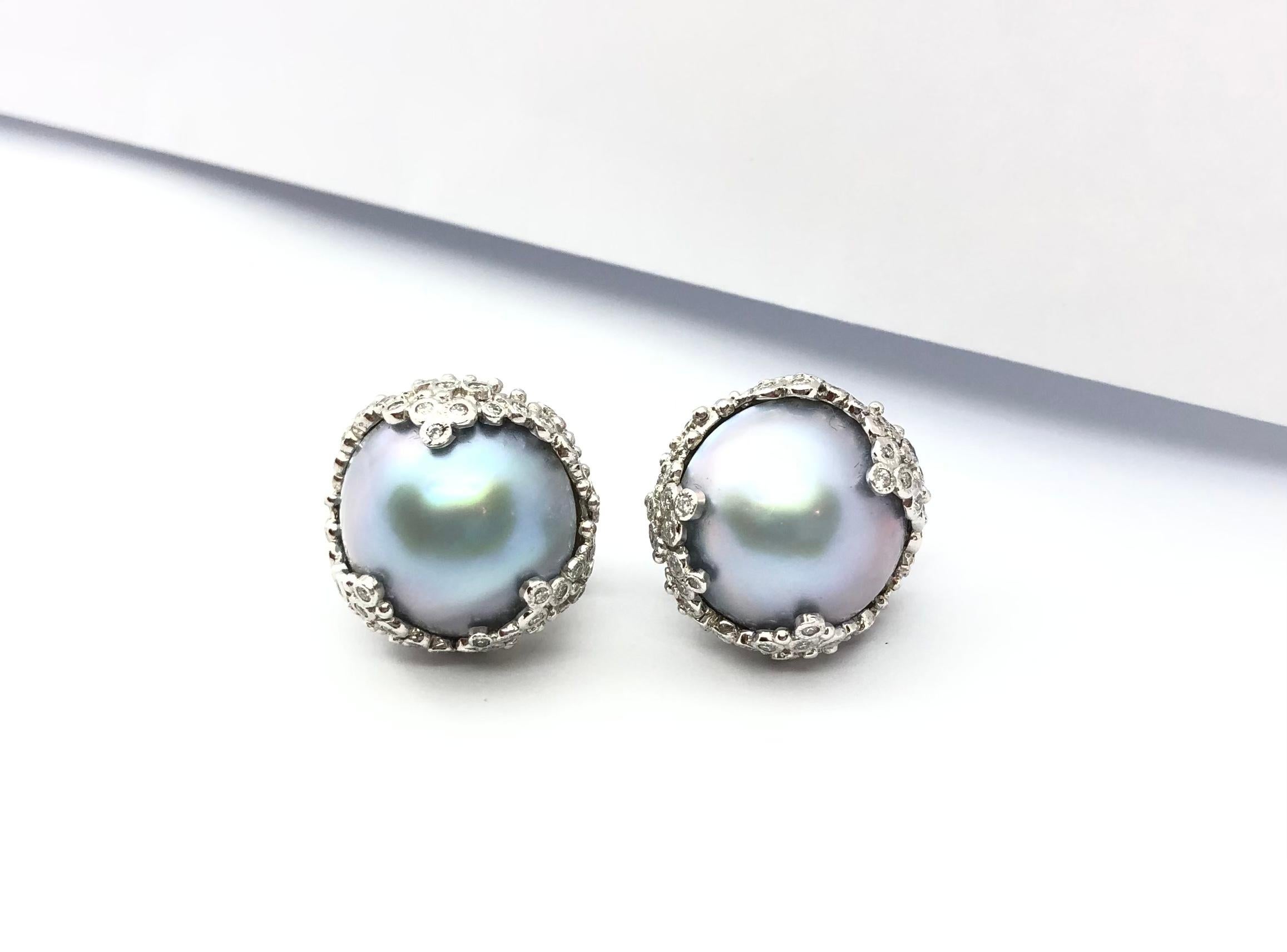 Bluish Grey Mabe Pearl with Diamond Earrings set in 18 Karat White Gold Settings For Sale 2