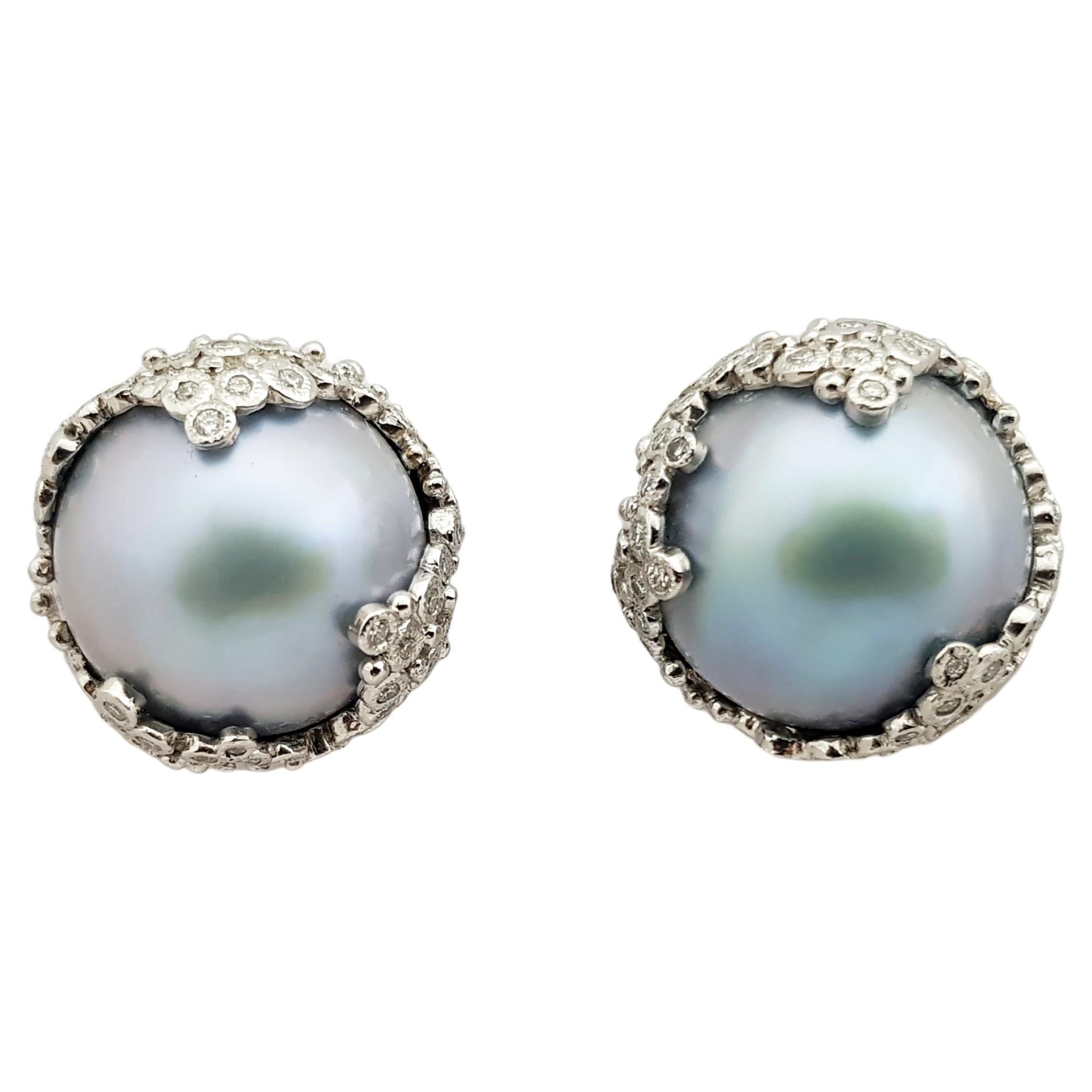 Bluish Grey Mabe Pearl with Diamond Earrings set in 18 Karat White Gold Settings For Sale