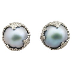 Bluish Grey Mabe Pearl with Diamond Earrings set in 18 Karat White Gold Settings