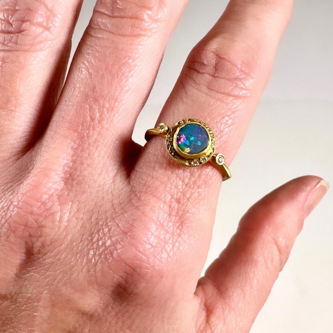 Contemporary Bluish Purple 0.60ct Round Australian Boulder Opal, Stackable Ring with Diamonds For Sale