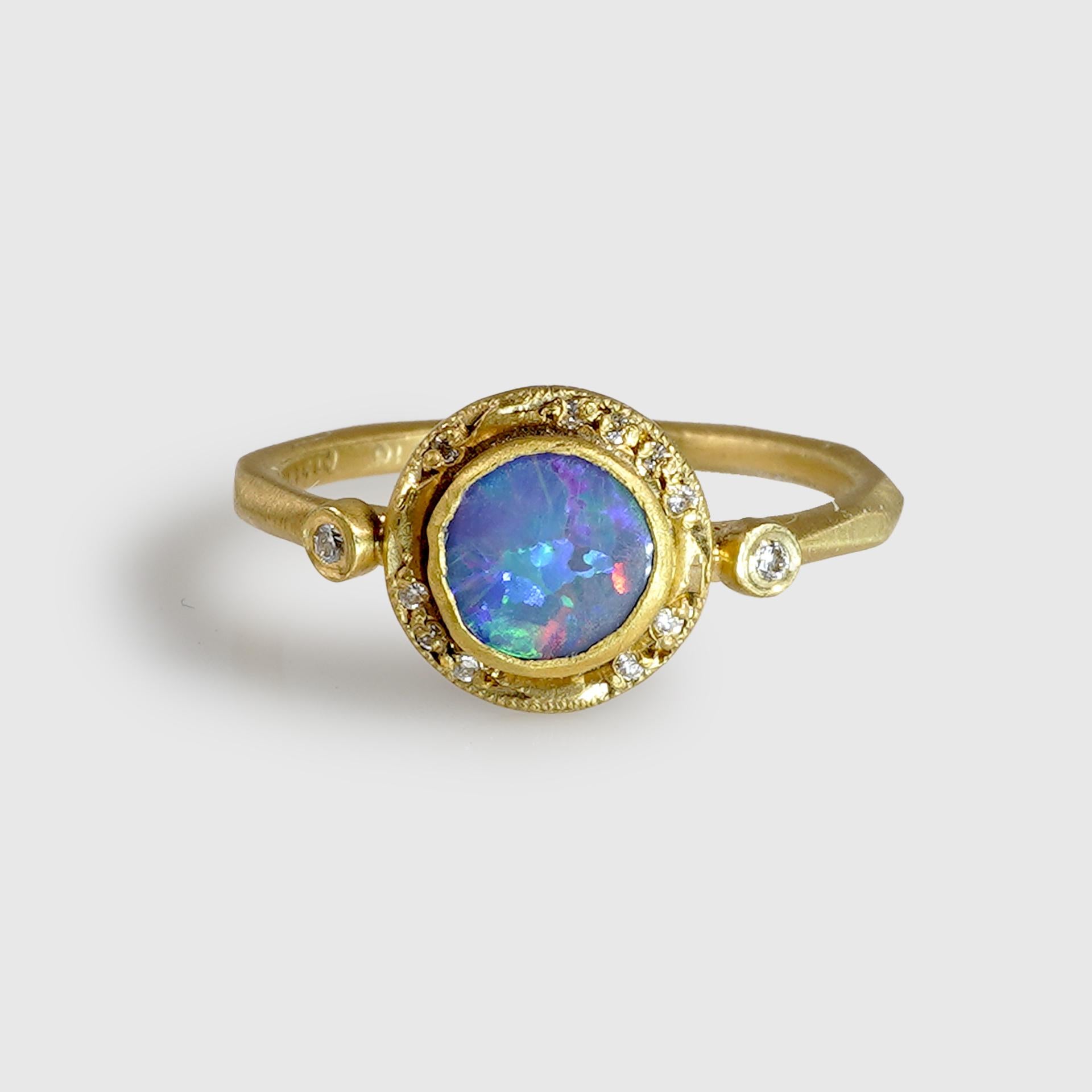 Round Cut Bluish Purple 0.60ct Round Australian Boulder Opal, Stackable Ring with Diamonds For Sale