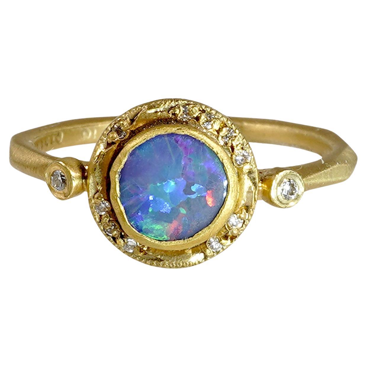 Bluish Purple 0.60ct Round Australian Boulder Opal, Stackable Ring with Diamonds